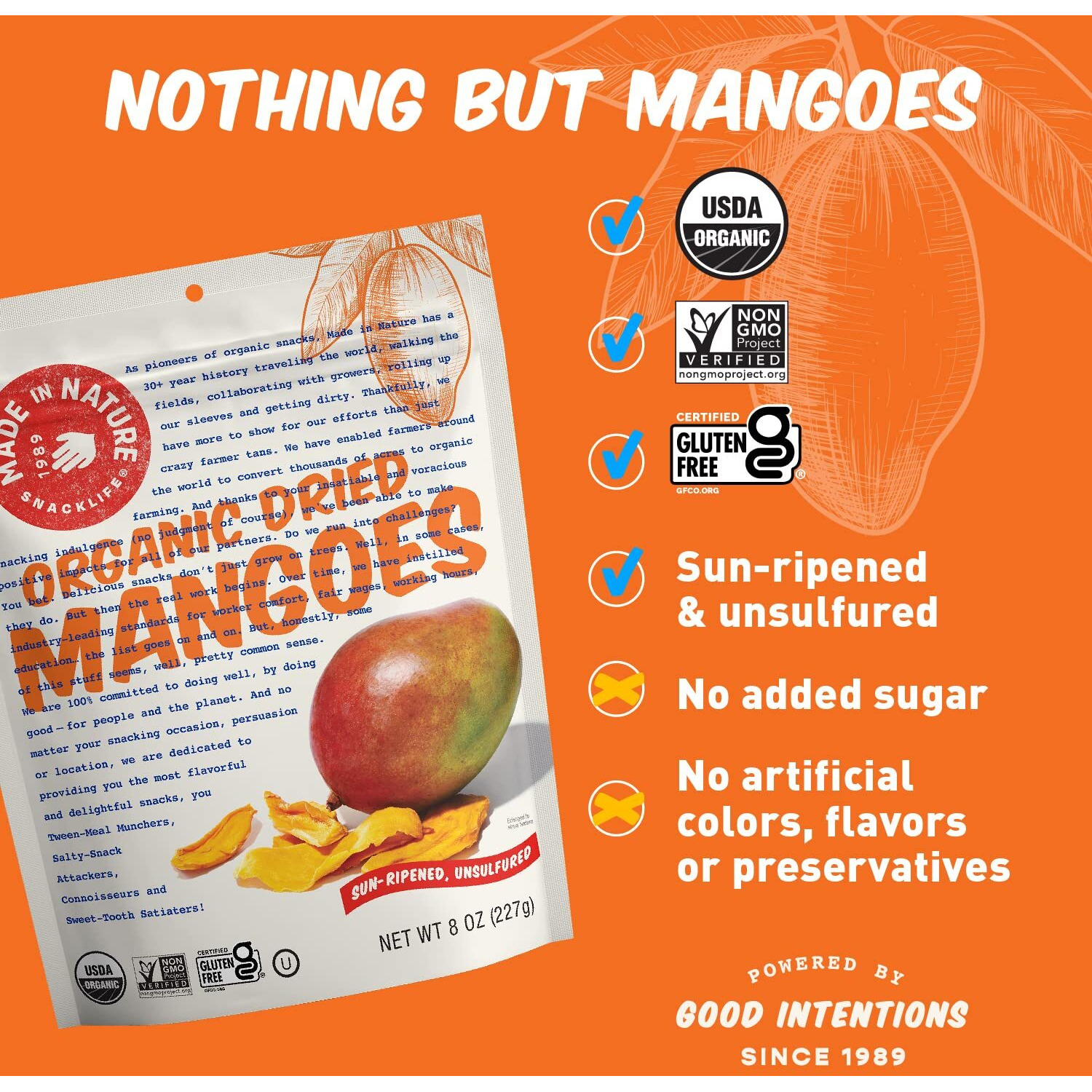 Made In Nature Organic Dried Mangoes, Non-Gmo, Gluten Free, Unsulfured, Vegan Snack, 8Oz (Pack Of 1), Packaging May Vary