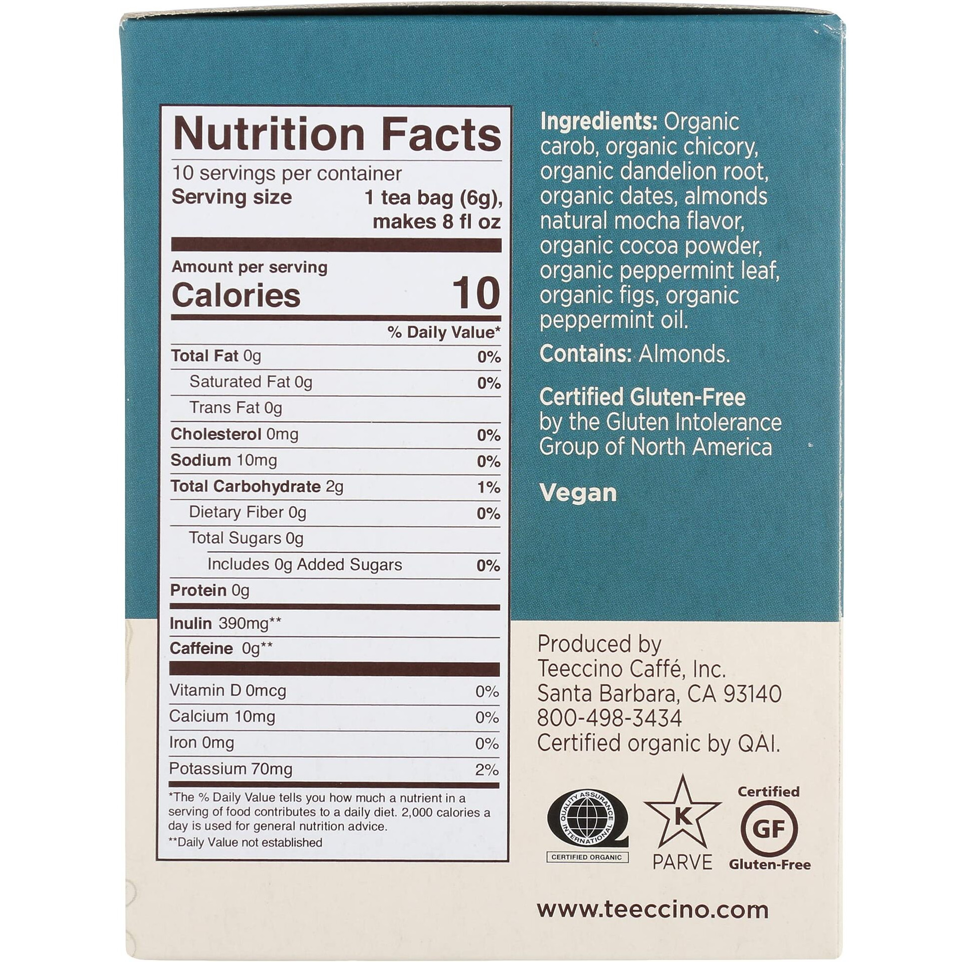 Teeccino Dandelion Mocha Mint Tea - Caffeine Free, Roasted Herbal Tea With Prebiotics, 3X More Herbs Than Regular Tea Bags, Gluten Free - 10 Tea Bags