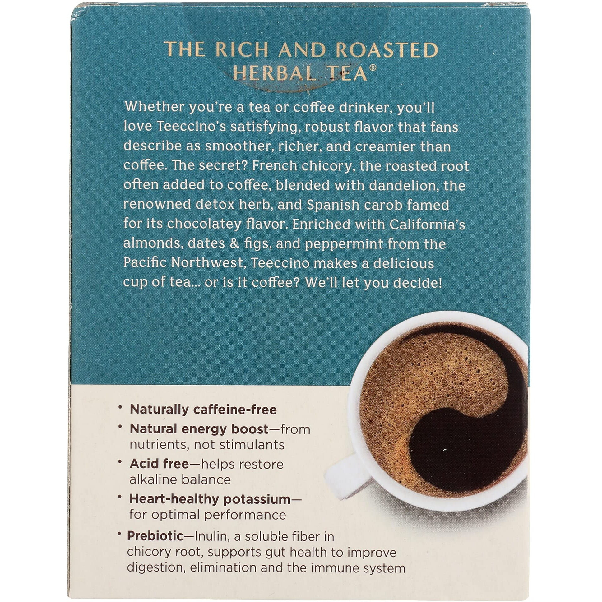 Teeccino Dandelion Mocha Mint Tea - Caffeine Free, Roasted Herbal Tea With Prebiotics, 3X More Herbs Than Regular Tea Bags, Gluten Free - 10 Tea Bags