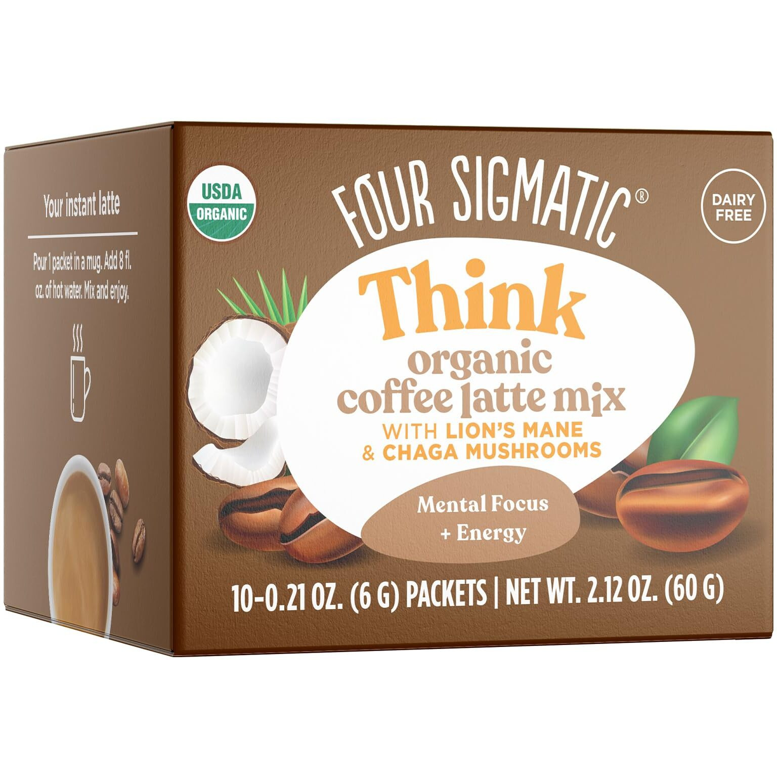 Mushroom Coffee Latte By Four Sigmatic | Daily Dose Alternative | Organic Instant Coffee Latte Mix With Lion's Mane, Chaga Mushrooms & Coconut Milk Powder | Keto & Dairy-Free | 10 Count