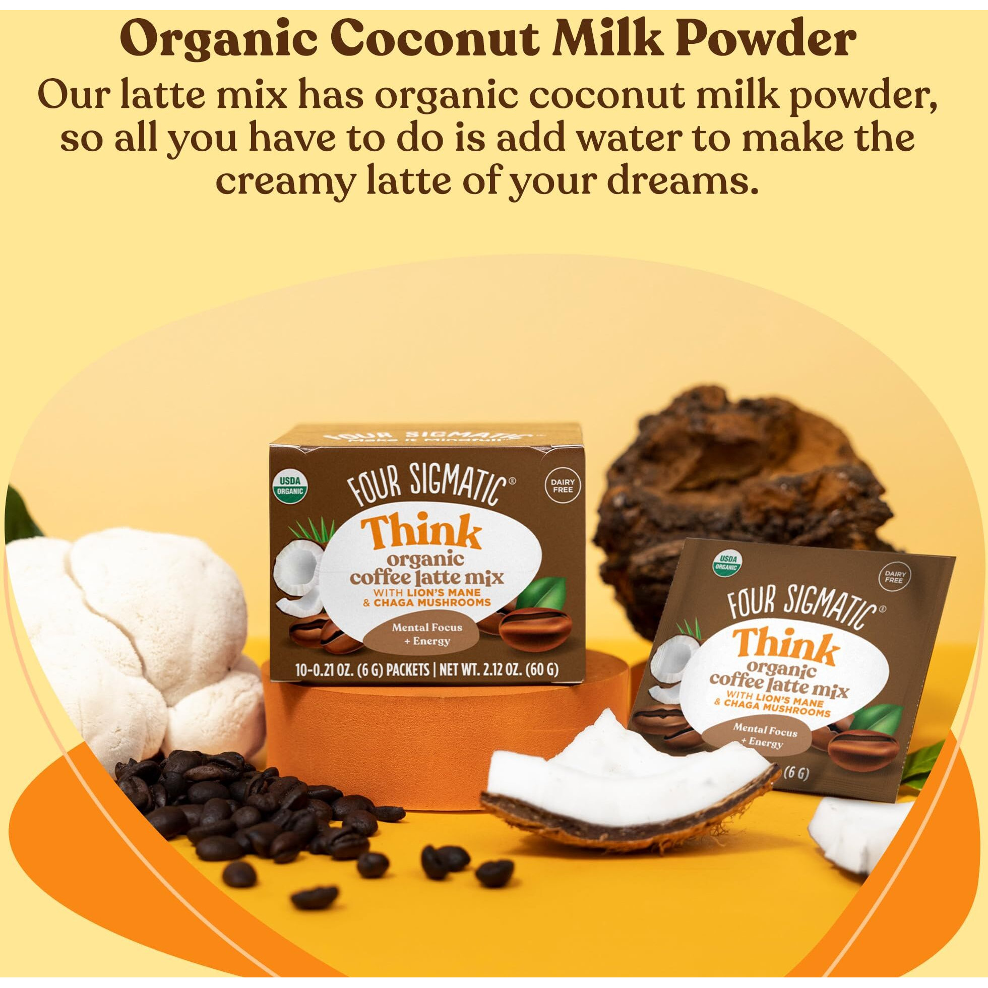 Mushroom Coffee Latte By Four Sigmatic | Daily Dose Alternative | Organic Instant Coffee Latte Mix With Lion's Mane, Chaga Mushrooms & Coconut Milk Powder | Keto & Dairy-Free | 10 Count