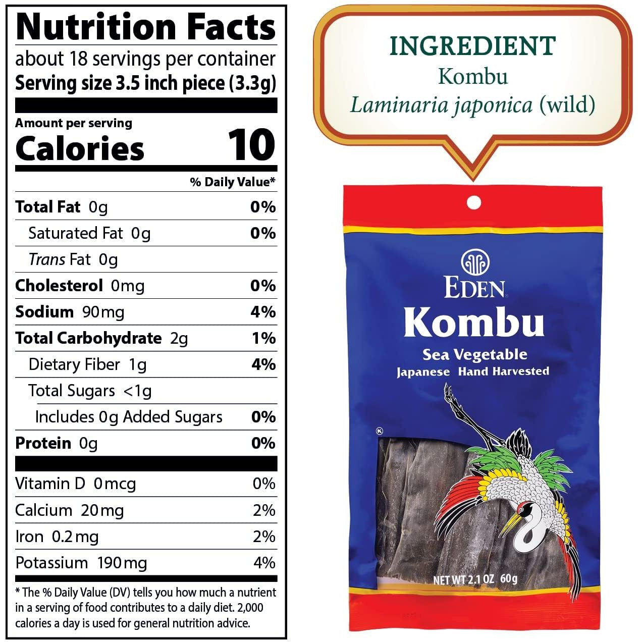 Eden Kombu, Wild Japanese Hand Harvested Sea Vegetable, Hokkaido, Dashi, Seaweed, 2.1 Oz (6-Pack)