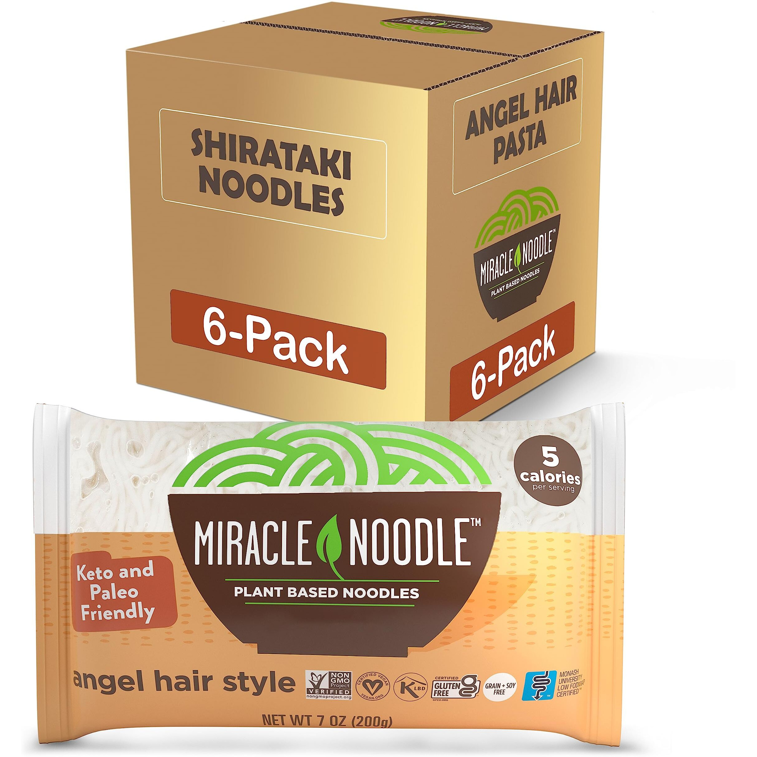 Miracle Noodle Angel Hair Pasta - Plant Based Shirataki Noodles, Konjac Noodles, Vegan, Gluten-Free, Low Carb Pasta, Paleo, Low Calorie Noodles, Soy Free, Non-Gmo, Keto Pasta Noodles - 7 Oz, 6-Pack