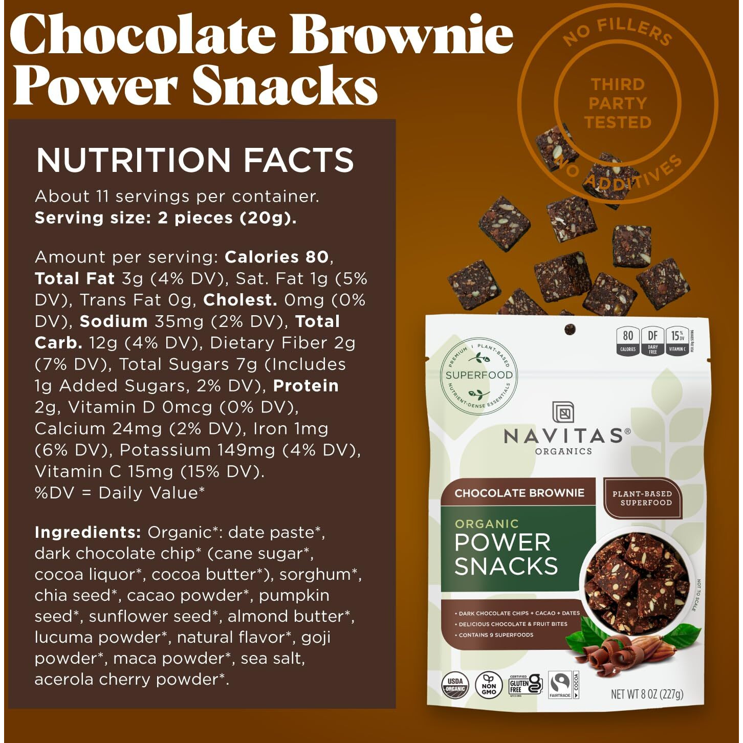 Navitas Organics Superfood Power Snacks, Chocolate Cacao, 8Oz. Bag - Organic, Non-Gmo, Gluten-Free