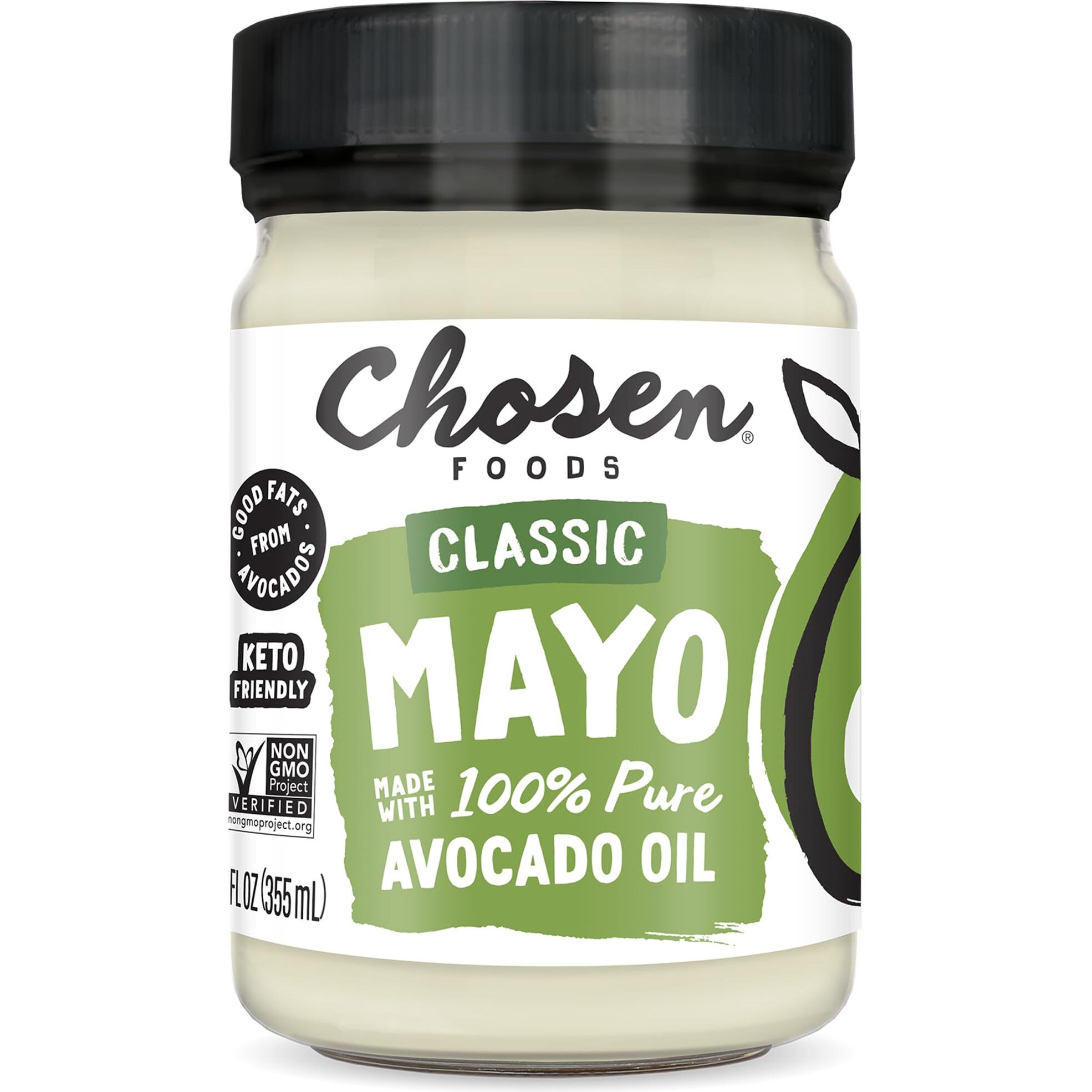 Chosen Foods 100% Avocado Oil-Based Classic Mayonnaise, Gluten & Dairy Free, Low-Carb, Keto & Paleo Diet Friendly, Mayo For Sandwiches, Dressings And Sauces, Made With Cage Free Eggs (12 Fl Oz)