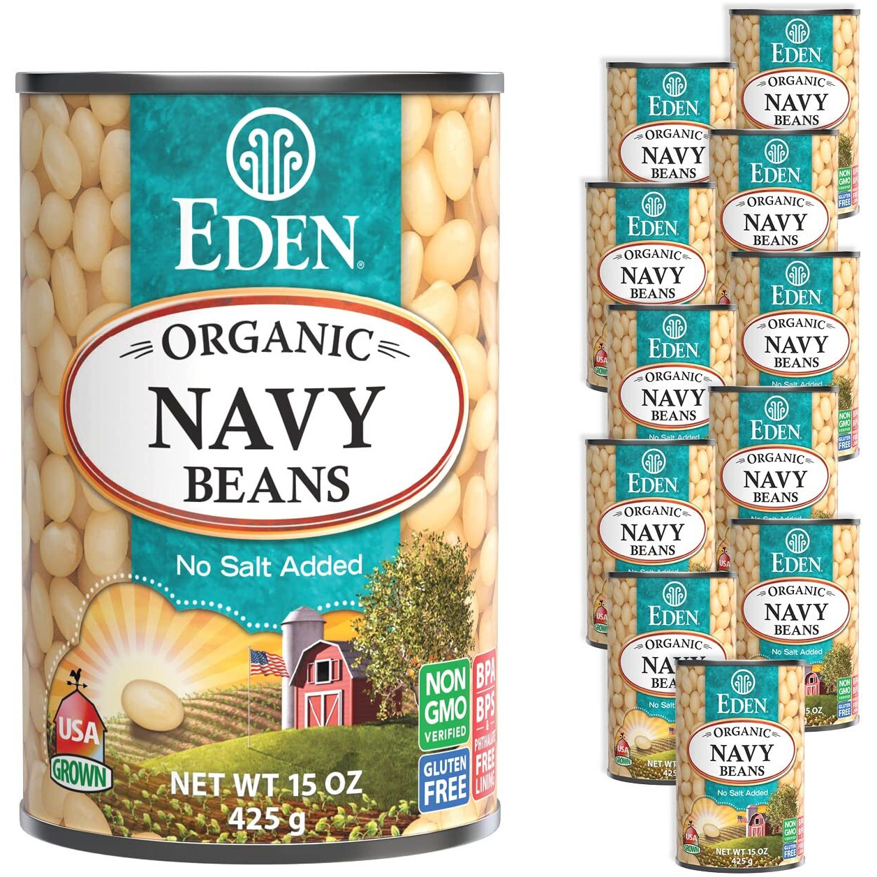 Eden Organic Navy Beans/White Beans, 15 Oz Can (12-Pack), No Salt, Non-Gmo, Gluten Free, Vegan, Kosher, U.S. Grown, Heat And Serve, Macrobiotic, Boston Bean