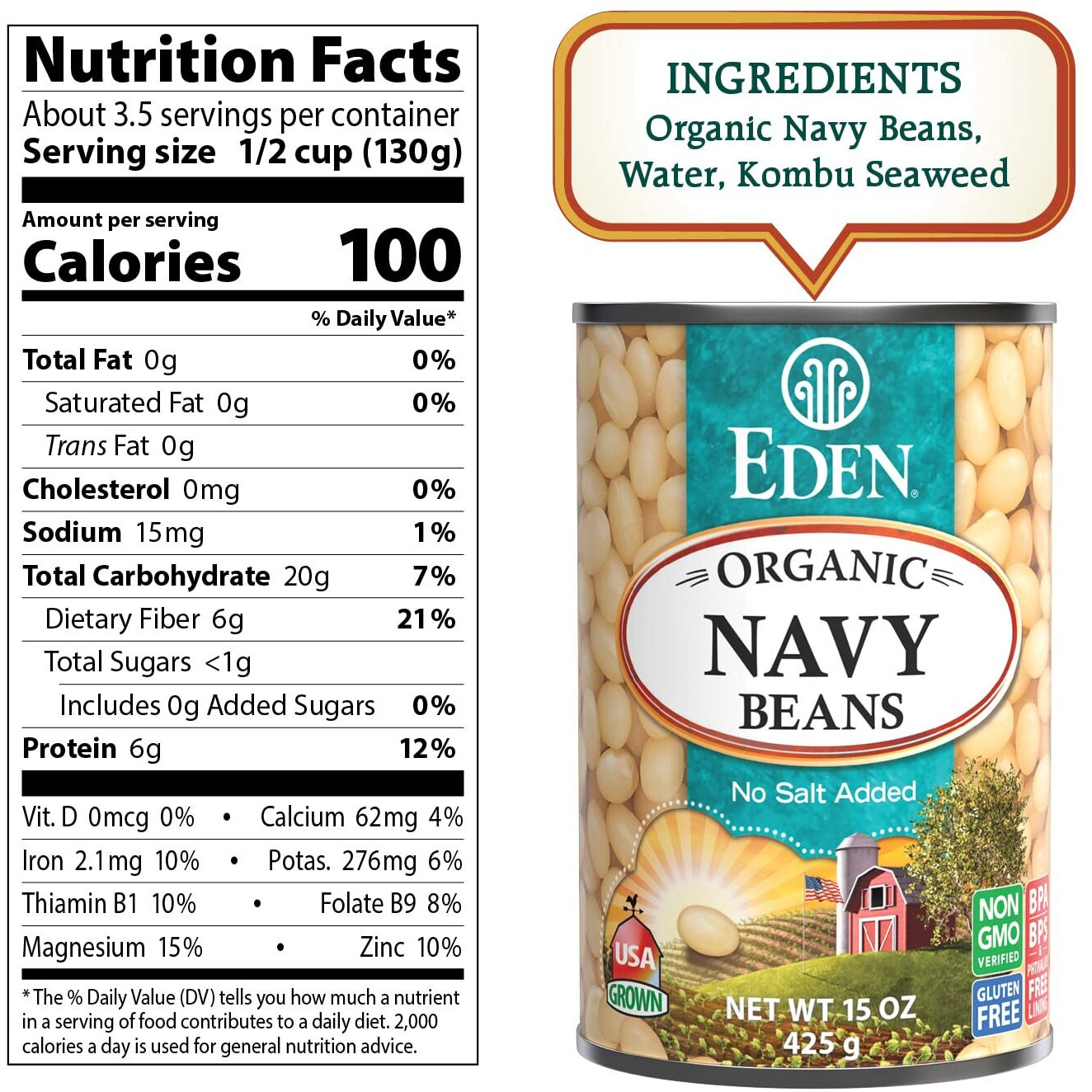 Eden Organic Navy Beans/White Beans, 15 Oz Can (12-Pack), No Salt, Non-Gmo, Gluten Free, Vegan, Kosher, U.S. Grown, Heat And Serve, Macrobiotic, Boston Bean