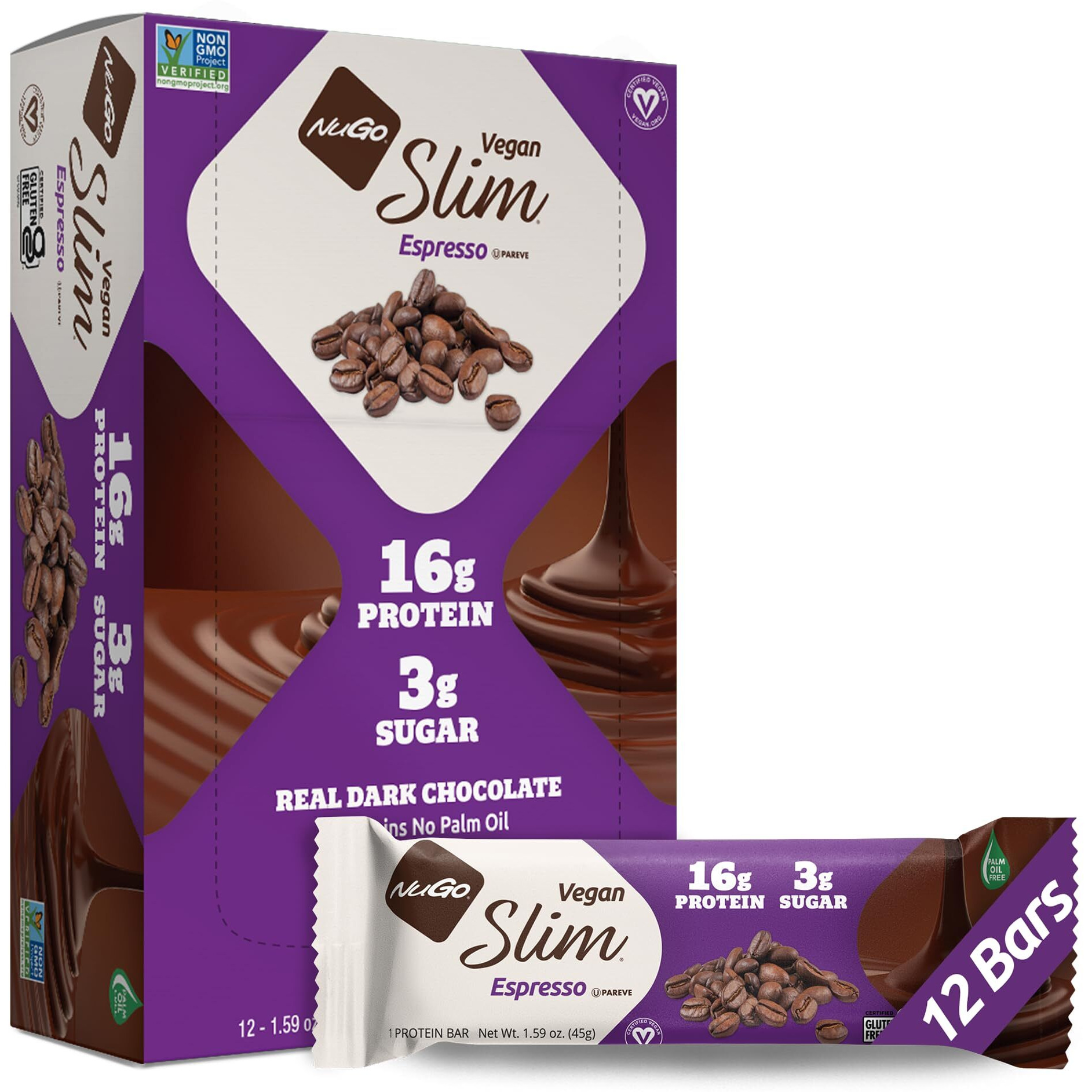 Nugo Slim Dark Chocolate Espresso, 16G Vegan Protein, 3G Sugar, 7G Fiber, 170 Calories, Low Net Carbs, Gluten Free, 12 Count
