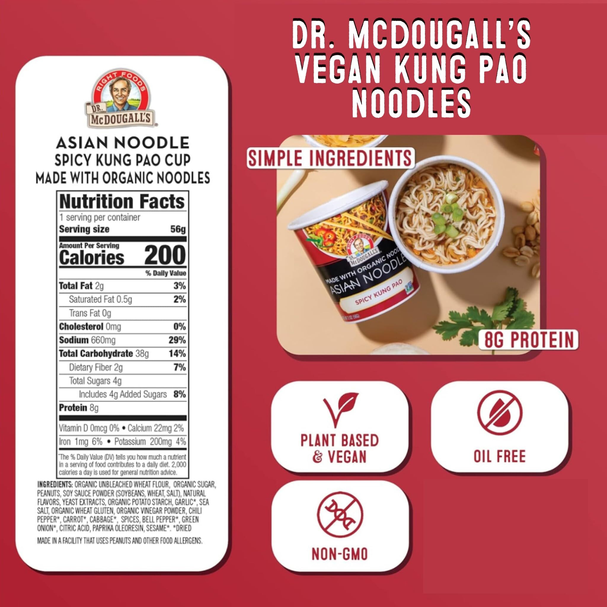Dr. Mcdougall's Spicy Kung Pao Noodle - Organic Asian Spicy Noodles - Vegan Ramen Noodles - Instant Ramen Noodle Cups - Vegetarian Ramen - Hot Noodles - 2 Oz. - Pack Of 6