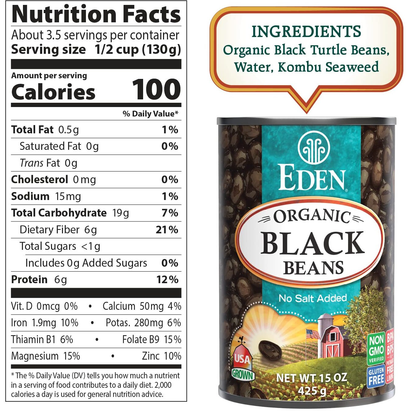 Eden Organic Black Beans, 15 Oz Can (12-Pack Case), No Salt Added, Non-Gmo, U.S Grown, Heat And Serve, Macrobiotic, Turtle Beans, Frijol Negro, Caviar Criollo