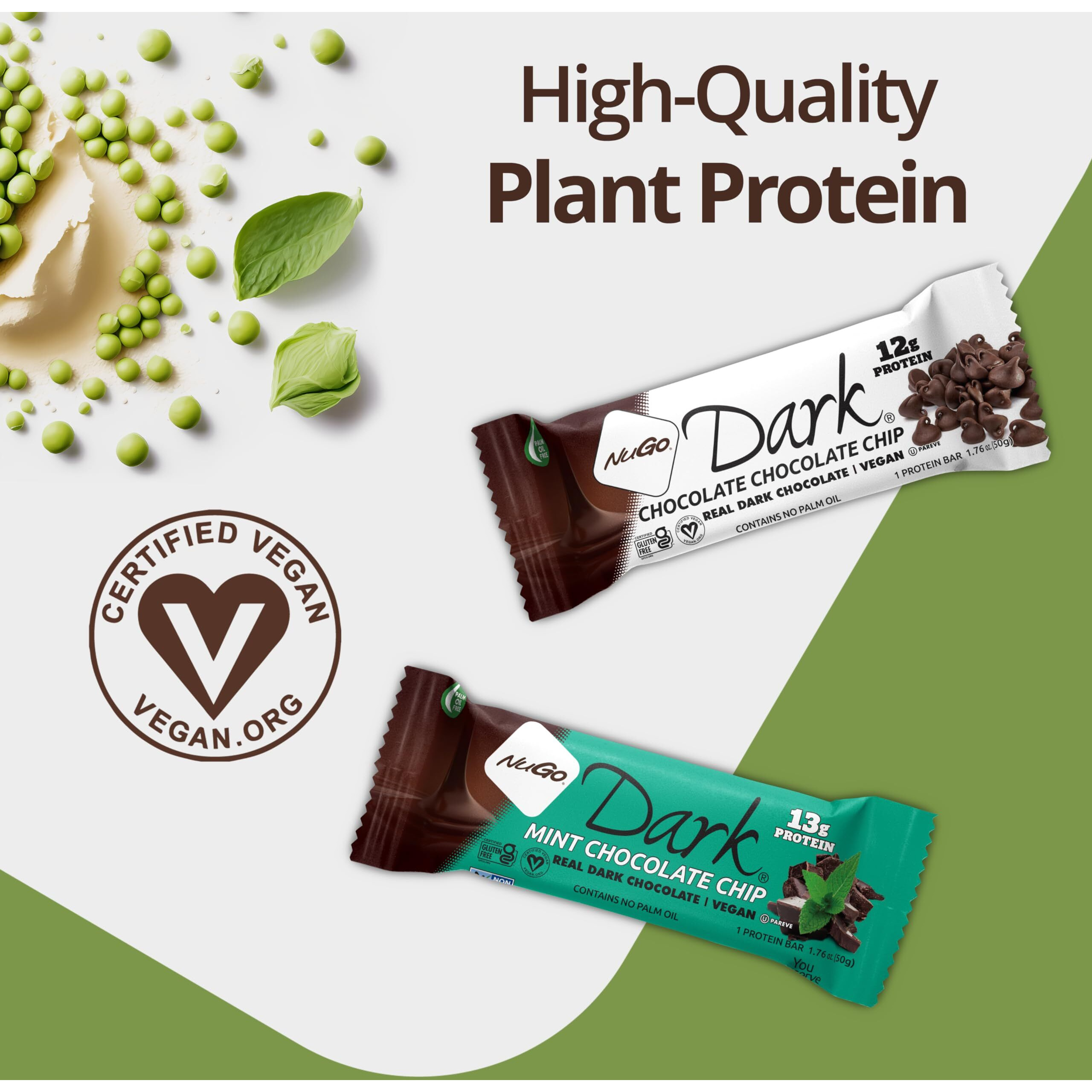 Nugo Dark Chocolate Mint Chocolate Chip, 13G Vegan Protein, 200 Calories, Gluten Free, 12 Count