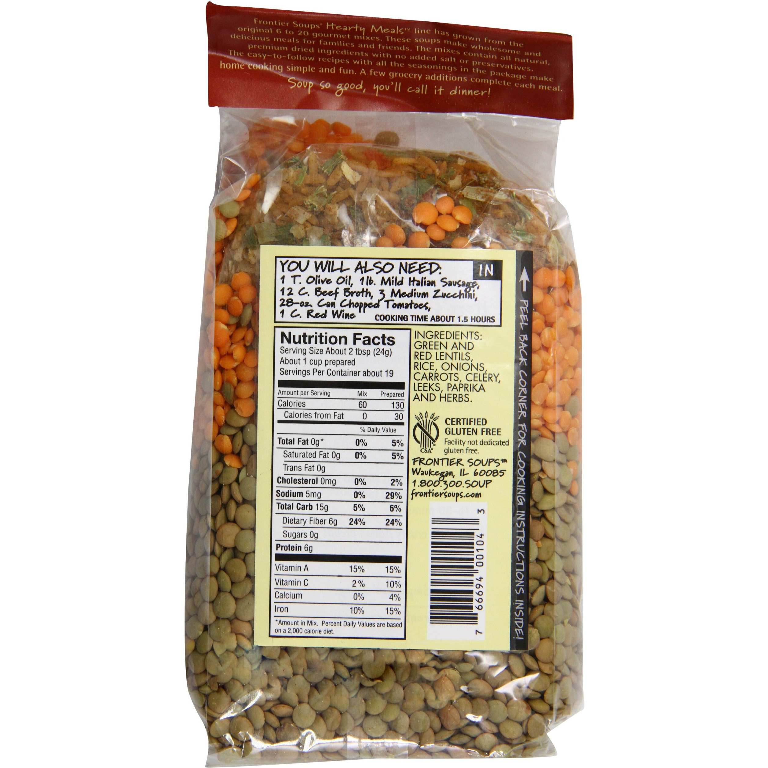 Frontier Soups Hearty Meals Indiana Harvest Sausage Lentil Soup Mix, 16 Ounce