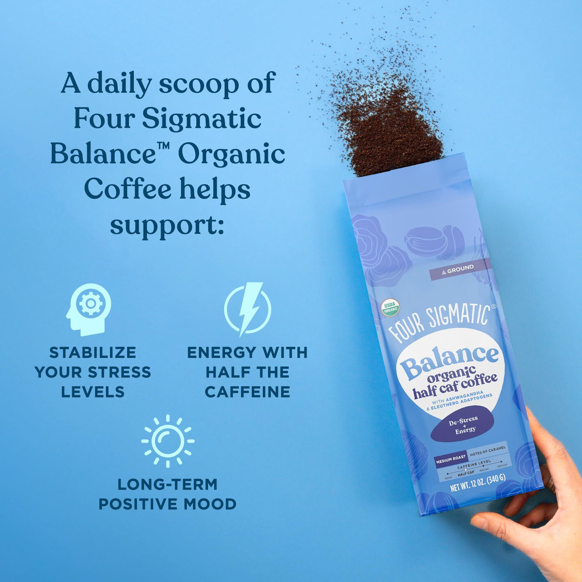 Four Sigmatic Organic Balance Adaptogen Ground Coffee | Medium Roast Usda Organic Coffee With Ashwagandha, Chaga Mushroom, Eleuthero And Tulsi | Focus And Energy Boosting Coffee | 12Oz Bag