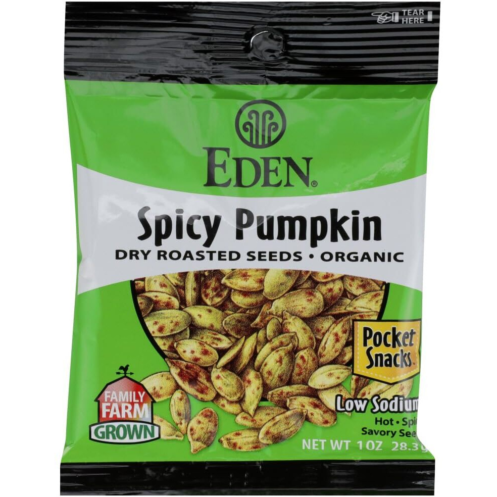 Eden Organic Spicy Pumpkin Seeds, Dry Roasted, Pocket Snacks, 1 Ounce (Pack Of 12)