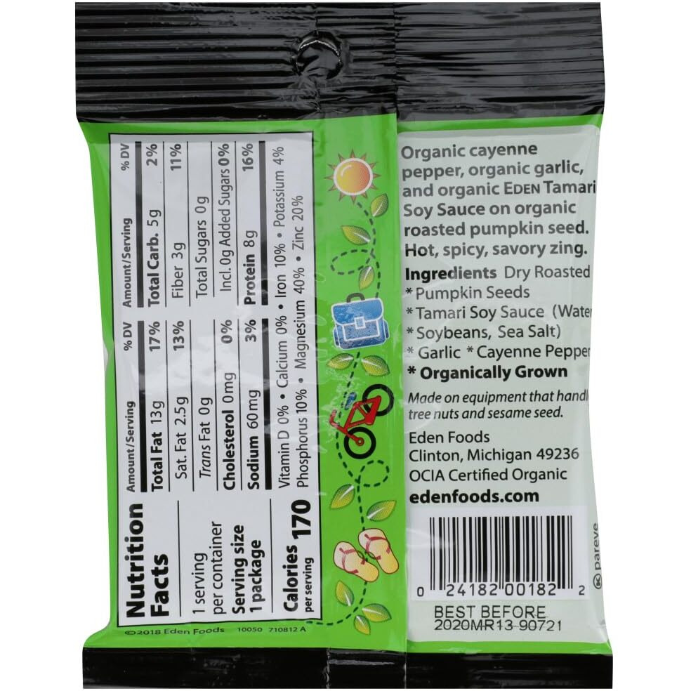 Eden Organic Spicy Pumpkin Seeds, Dry Roasted, Pocket Snacks, 1 Ounce (Pack Of 12)