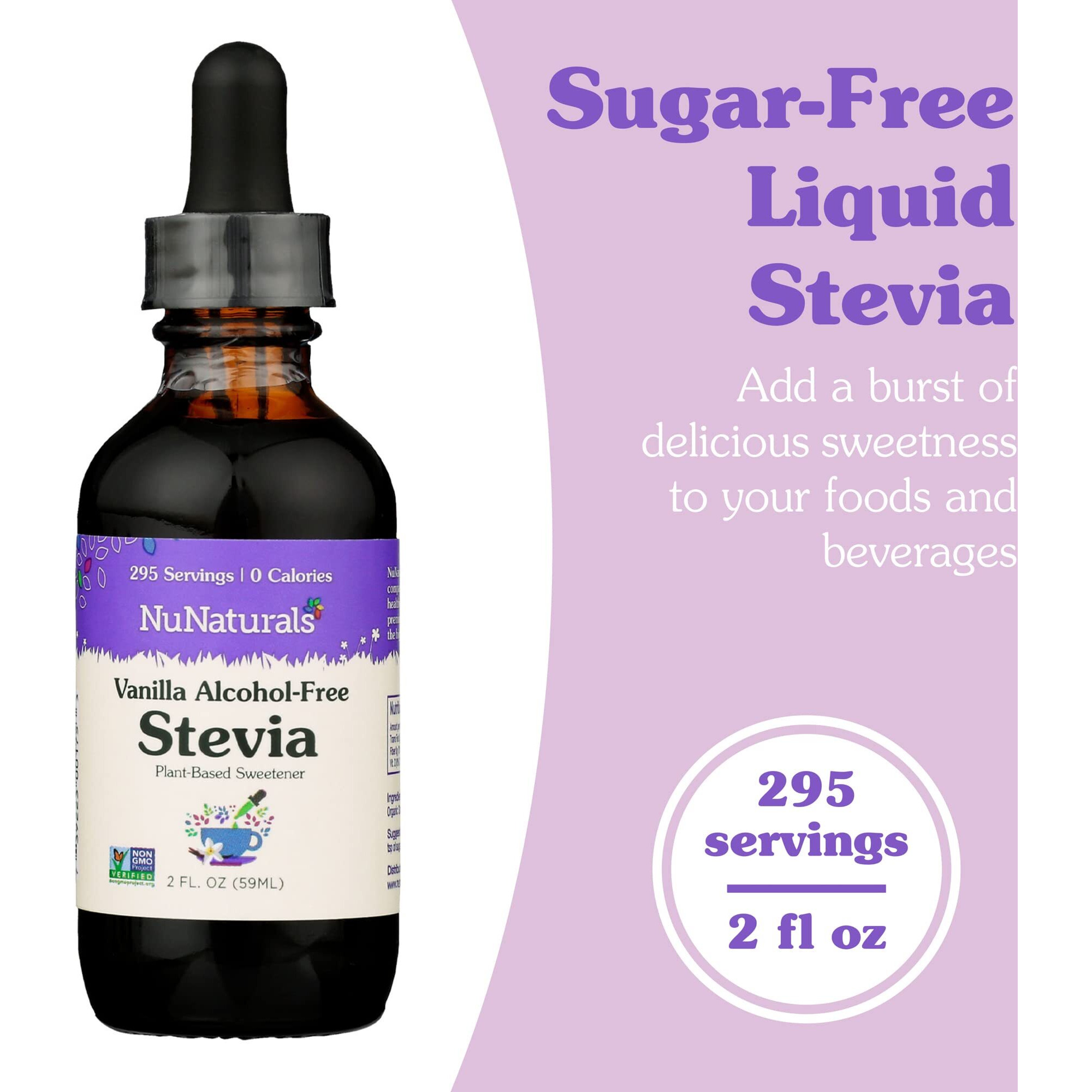 Nunaturals Liquid Stevia, Sugar-Free Sweetener, Plant-Based Sugar Substitute, Zero Calorie, Vanilla, Alcohol Free, 2 Oz