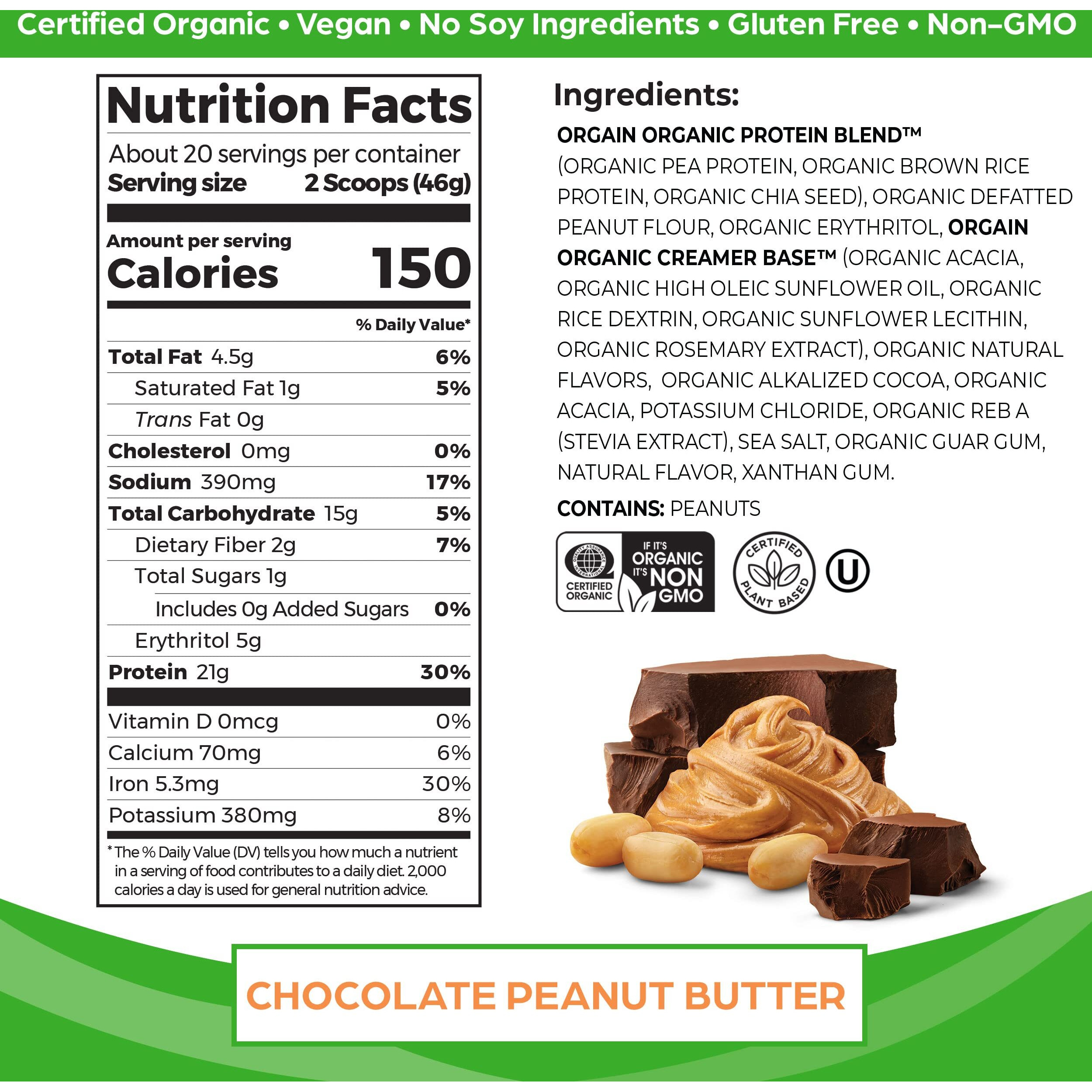 Orgain Organic Vegan Protein Powder, Chocolate Peanut Butter - 21G Plant Protein, 6G Prebiotic Fiber, Low Net Carb, No Lactose Ingredients, No Added Sugar, Non-Gmo, For Shakes & Smoothies, 2.03 Lb
