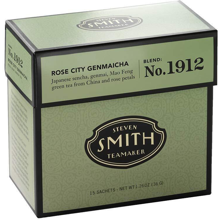 Smith Teamaker | Rose City Genmaicha No. 1912 - Sencha, Genmai, Mao Feng Green Tea & Rose Petals | Caffeinated Roasted Rice Full Leaf Green Tea Blend (15 Sachets, 1.26Oz Each)