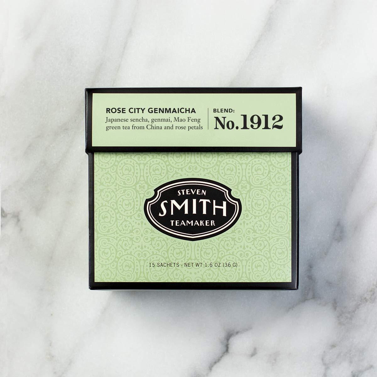 Smith Teamaker | Rose City Genmaicha No. 1912 - Sencha, Genmai, Mao Feng Green Tea & Rose Petals | Caffeinated Roasted Rice Full Leaf Green Tea Blend (15 Sachets, 1.26Oz Each)