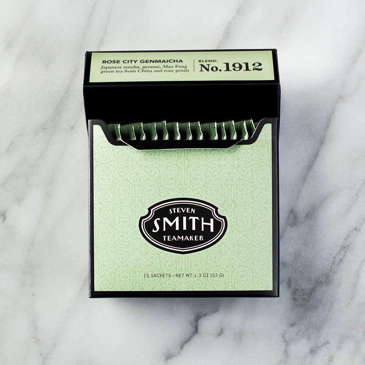 Smith Teamaker | Rose City Genmaicha No. 1912 - Sencha, Genmai, Mao Feng Green Tea & Rose Petals | Caffeinated Roasted Rice Full Leaf Green Tea Blend (15 Sachets, 1.26Oz Each)