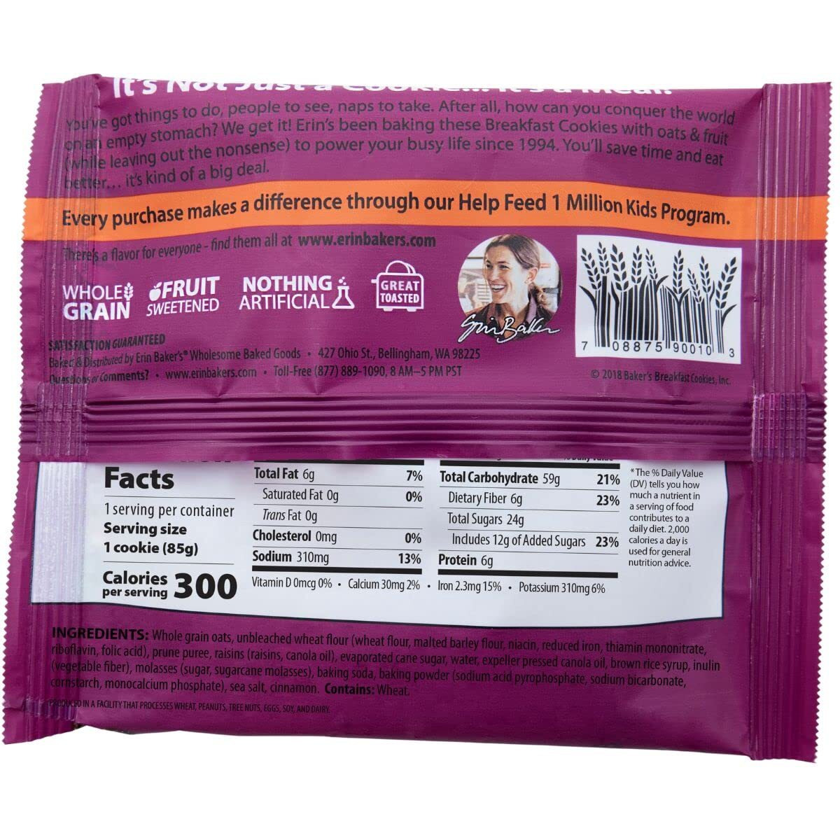 Erin Baker's Breakfast Cookies - Oatmeal Raisin, Healthy Snack, Whole Grain, Non-Gmo - 3-Ounce, 12-Pack - 90010