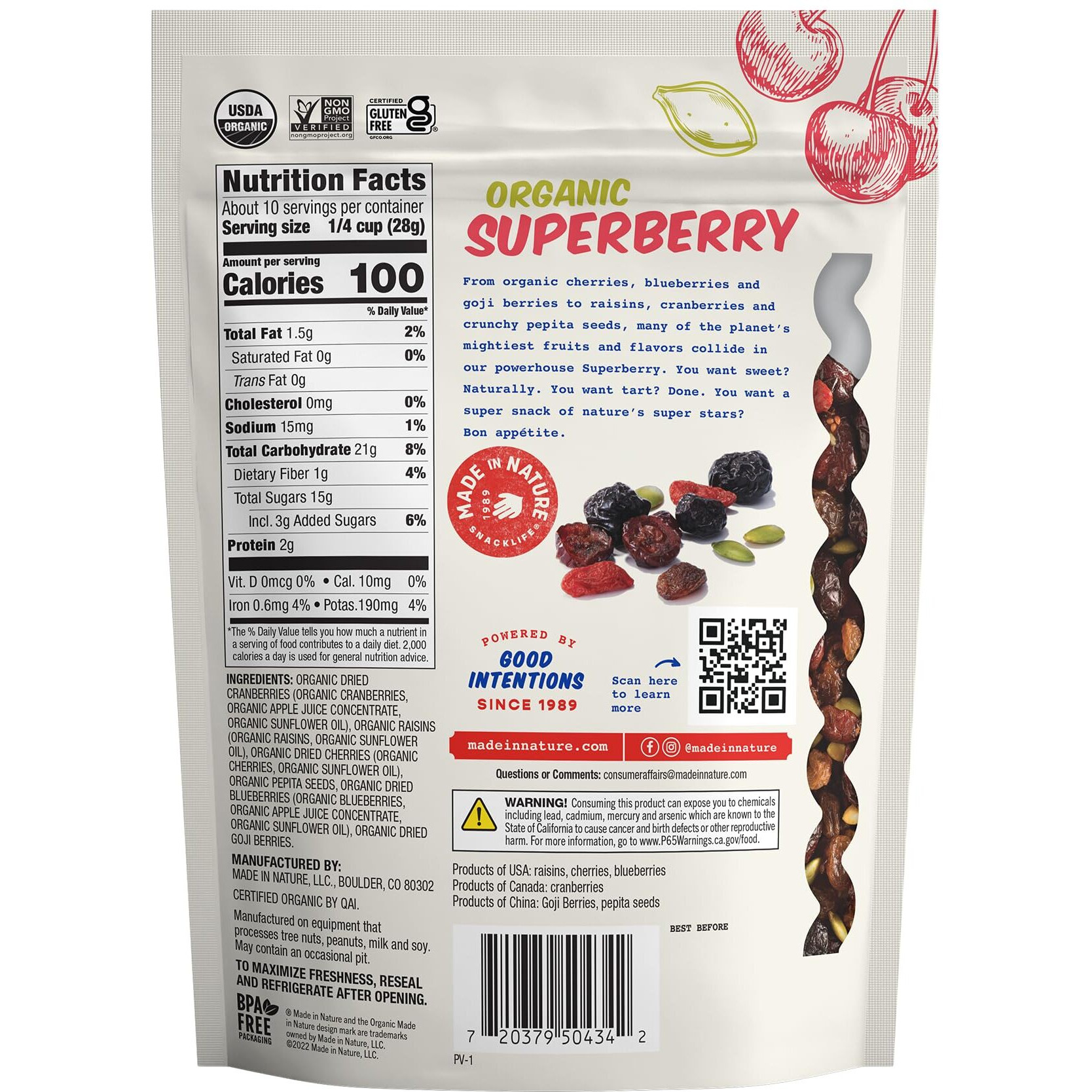 Made In Nature Organic Superberry Fruit Fusion, Non-Gmo, Gluten Free, Vegan Snack, 10Oz (Pack Of 1), Packaging May Vary