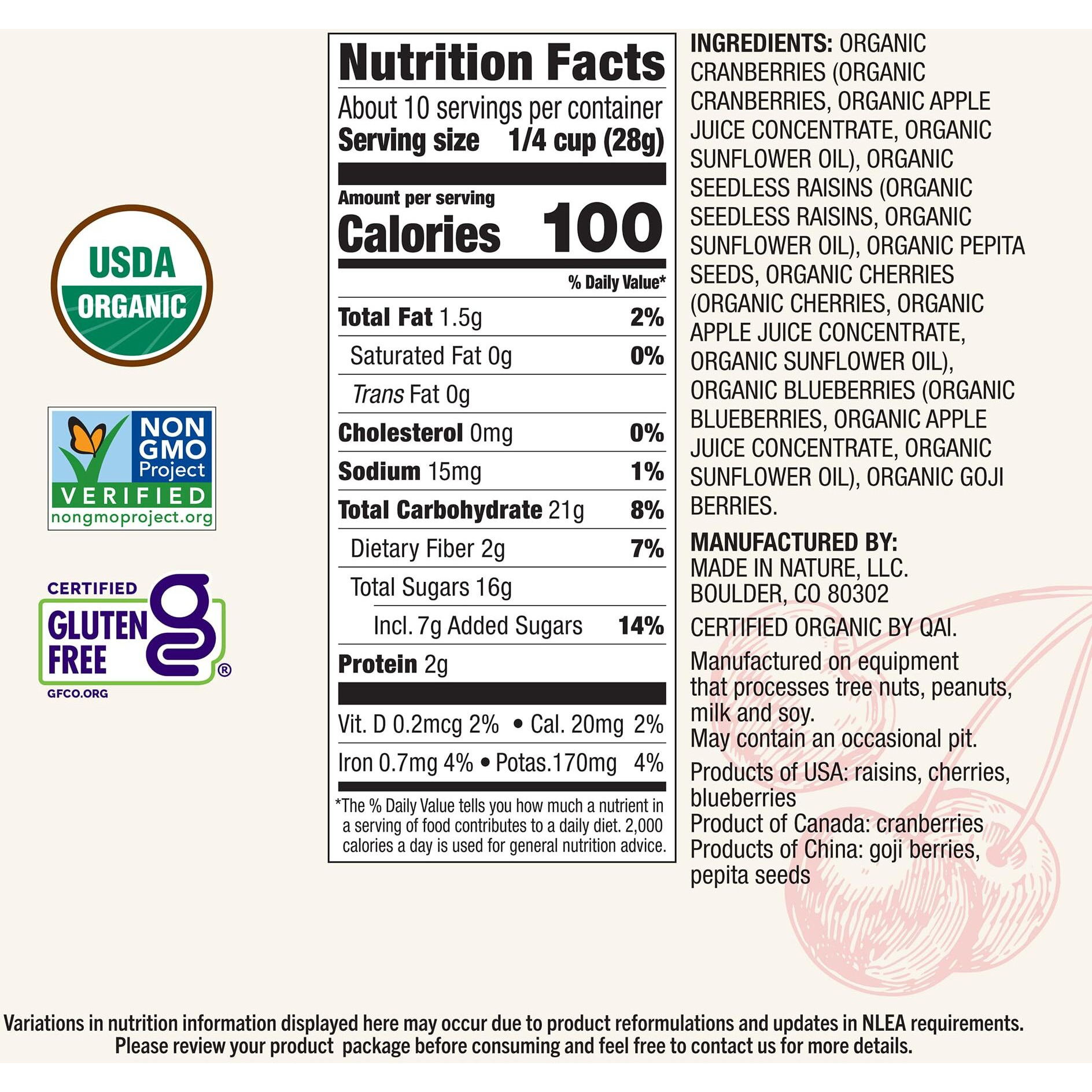 Made In Nature Organic Superberry Fruit Fusion, Non-Gmo, Gluten Free, Vegan Snack, 10Oz (Pack Of 1), Packaging May Vary