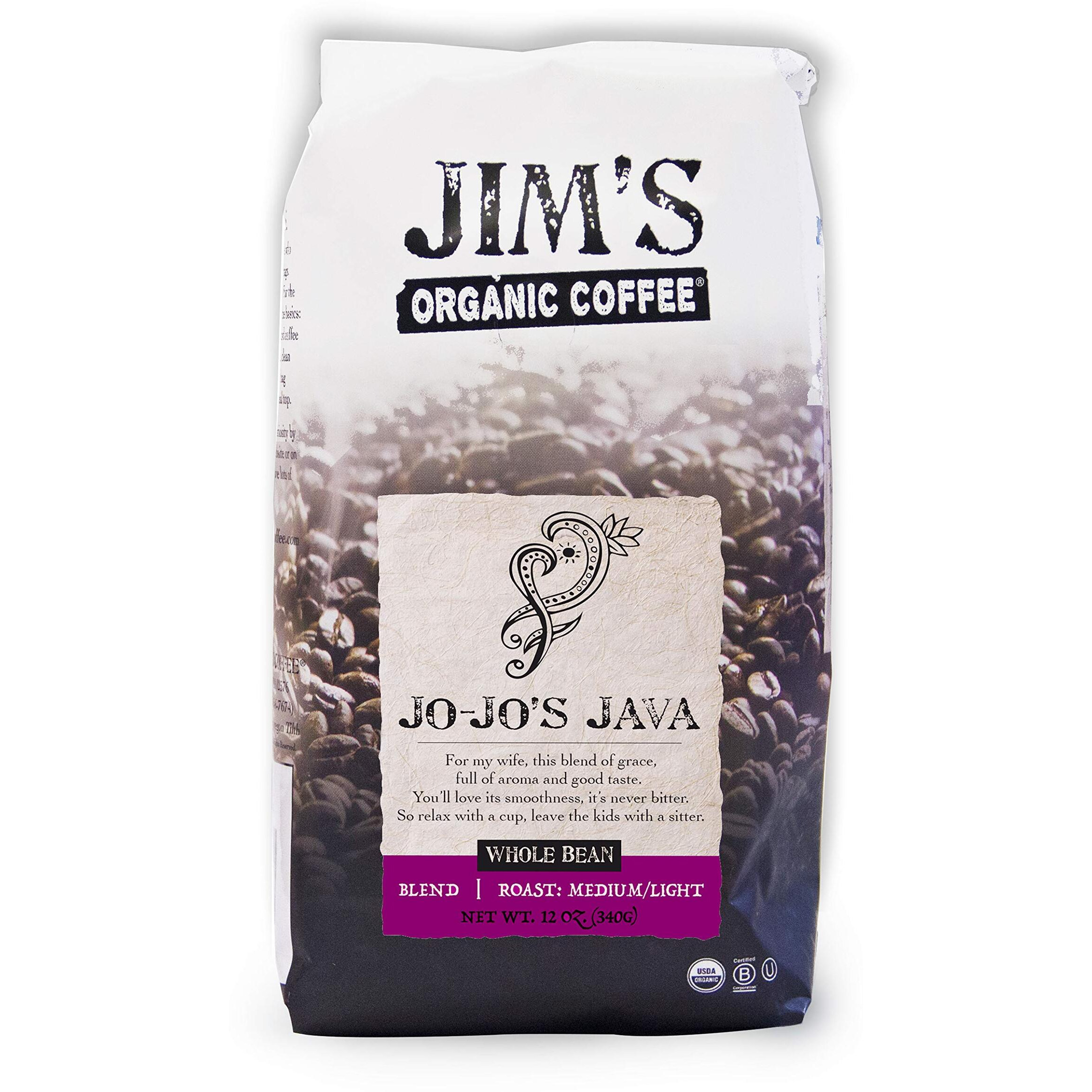 Jims Organic Coffee - Jo-Jos Java Blend - Medium/Light Roast, Whole Bean, 12 Oz Bag