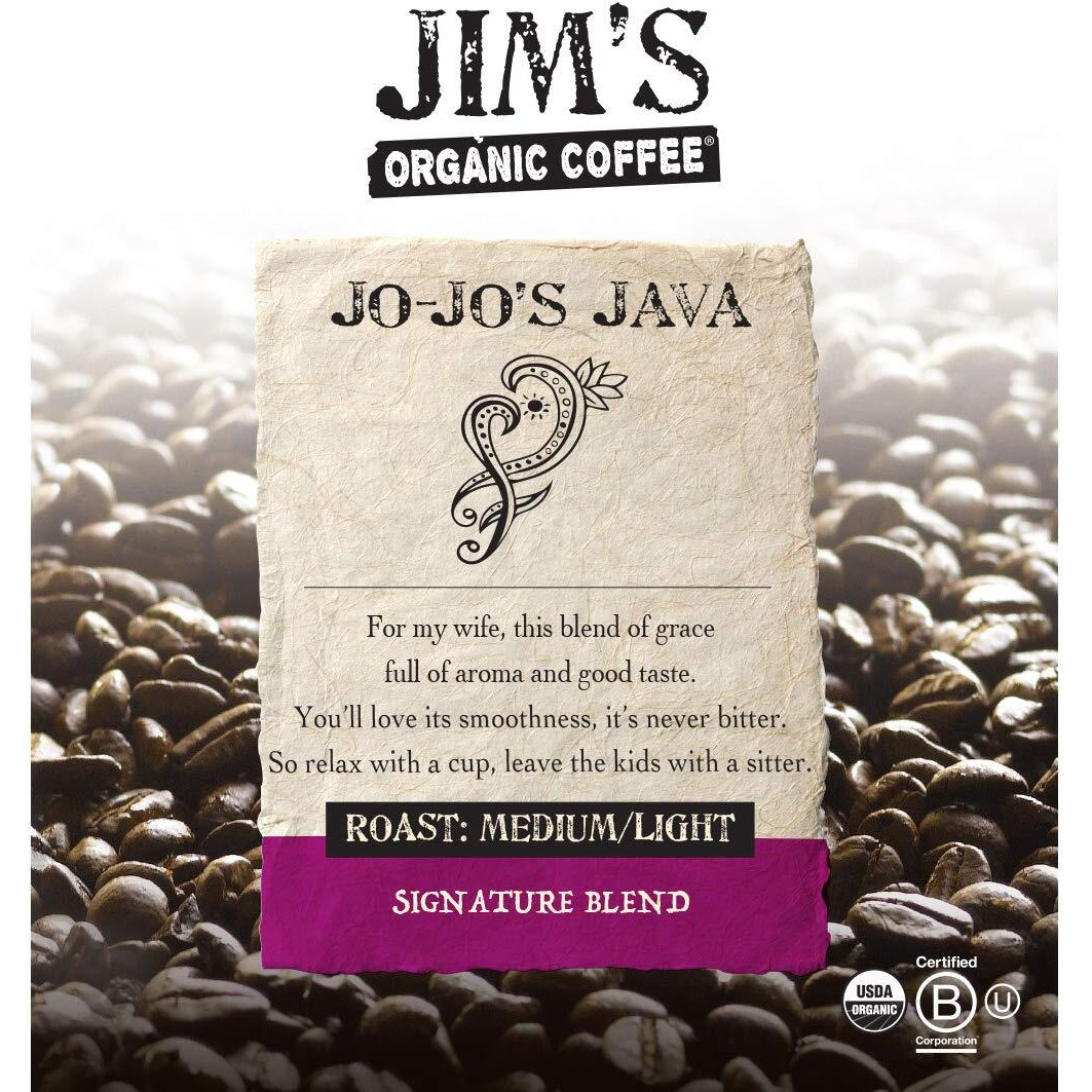 Jims Organic Coffee - Jo-Jos Java Blend - Medium/Light Roast, Whole Bean, 12 Oz Bag