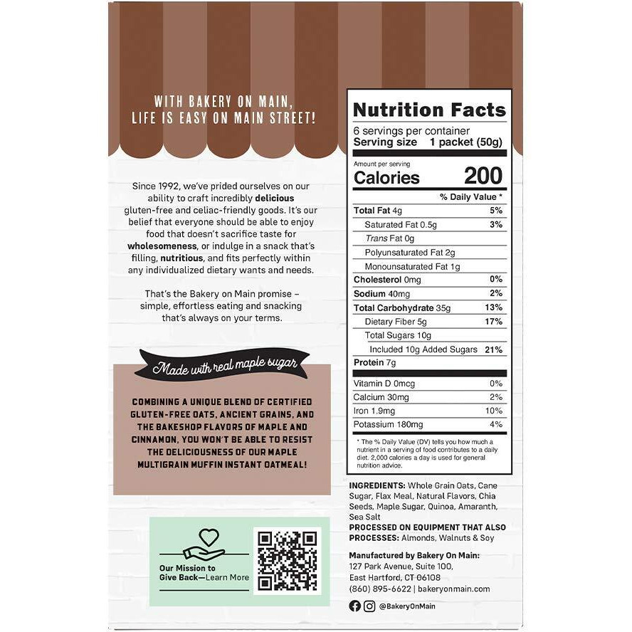 Bakery On Main, Gluten-Free Instant Oatmeal, Vegan & Non Gmo - Maple Multigrain Muffin, 10.5 Ounce (Pack Of 3)