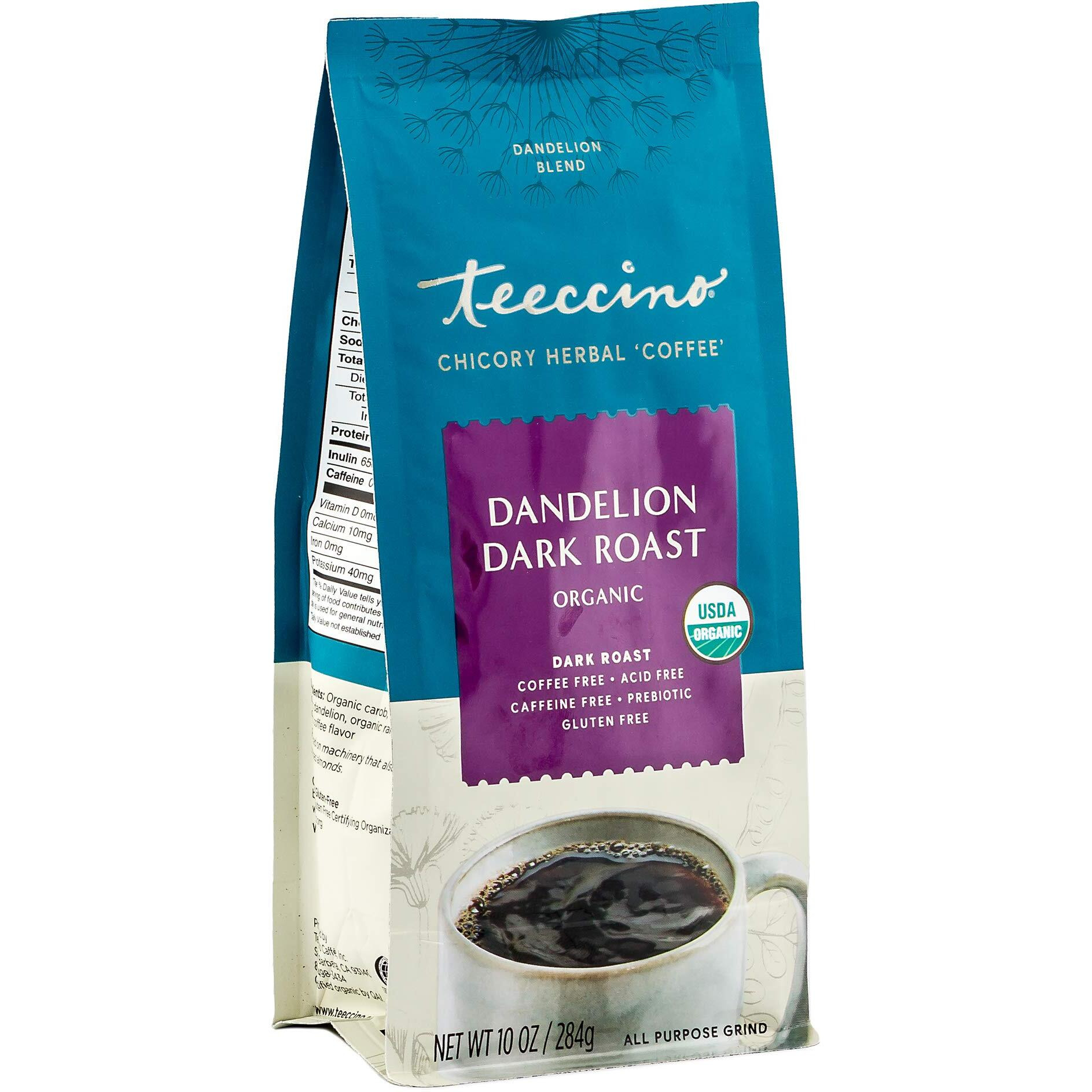 Teeccino Dandelion Dark Roast Herbal Coffee - Caffeine-Free Coffee Alternative With Prebiotics, Gluten Free, Acid Free, Organic - 10 Oz