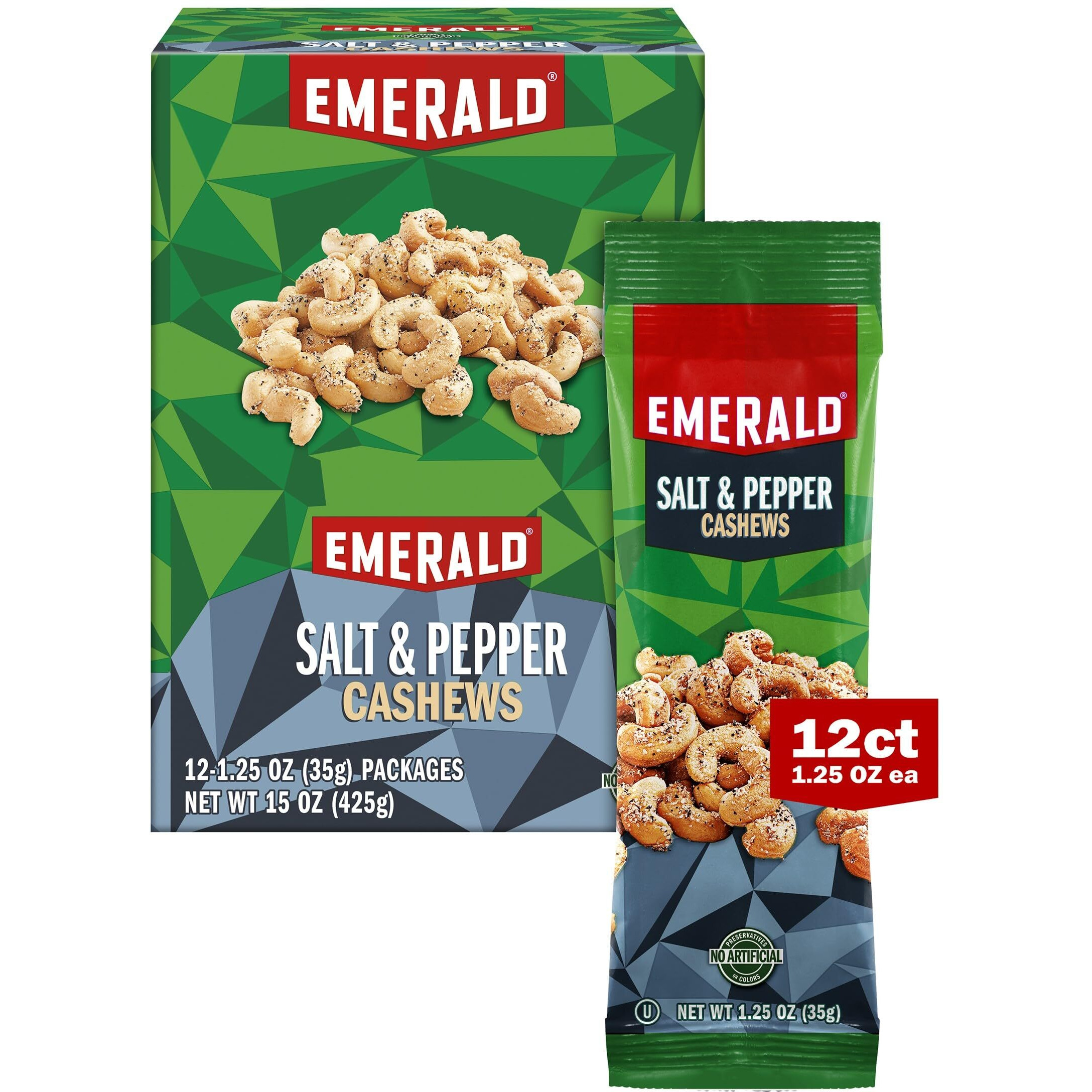 Emerald Nuts Salt And Pepper Seasoned Cashews 12 Ct (1-Pack) | 1.25 Oz Individual Snack Tubes | Kosher Certified, Non-Gmo, Contains No Artificial Preservatives, Flavors Or Synthetic Colors