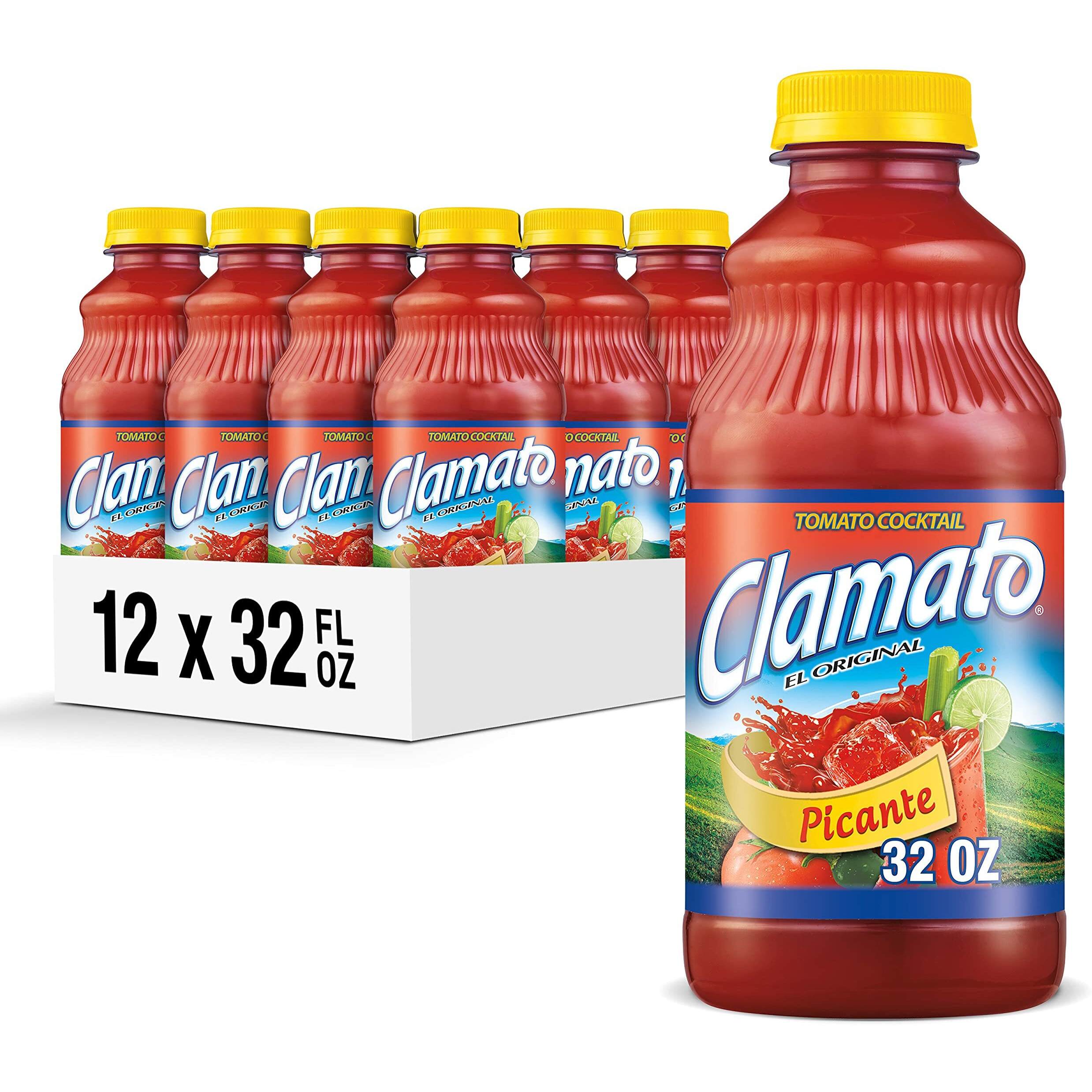 Clamato Picante Tomato Cocktail, 32 Fl Oz Bottle (Pack Of 12), Authentic Spicy Flavored Tomato Juice, Perfect Mixer For Micheladas And Bloody Mary Drinks And Other Cocktail Spirits