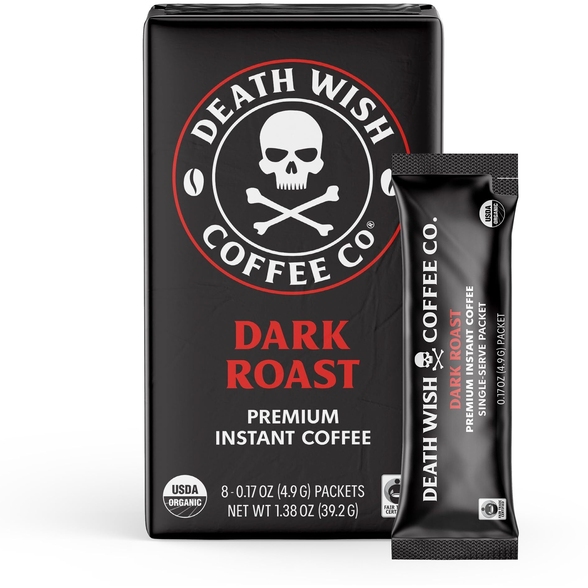 Death Wish Coffee Instant Dark Roast Coffee Packets, Bold & Intense Blend Of Arabica & Robusta Beans, Usda Organic, 8 Count