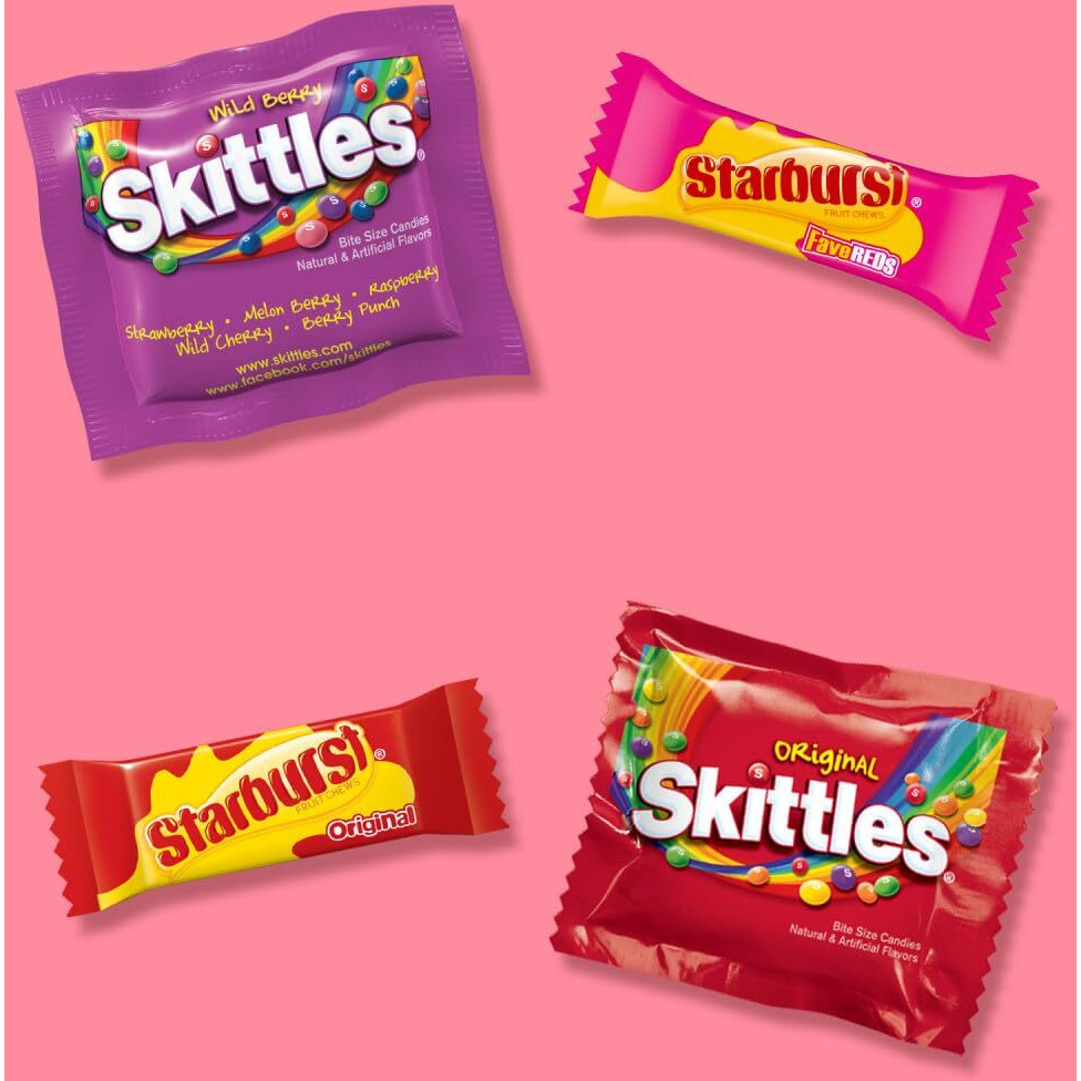 Skittles Original, Skittles Wild Berry & Starburst Original And Starburst Favereds Fun Size Nut Free Individually Wrapped Trick Or Treat Halloween Candy Variety Pack, Party Size, 20.13 Oz Bulk Bag