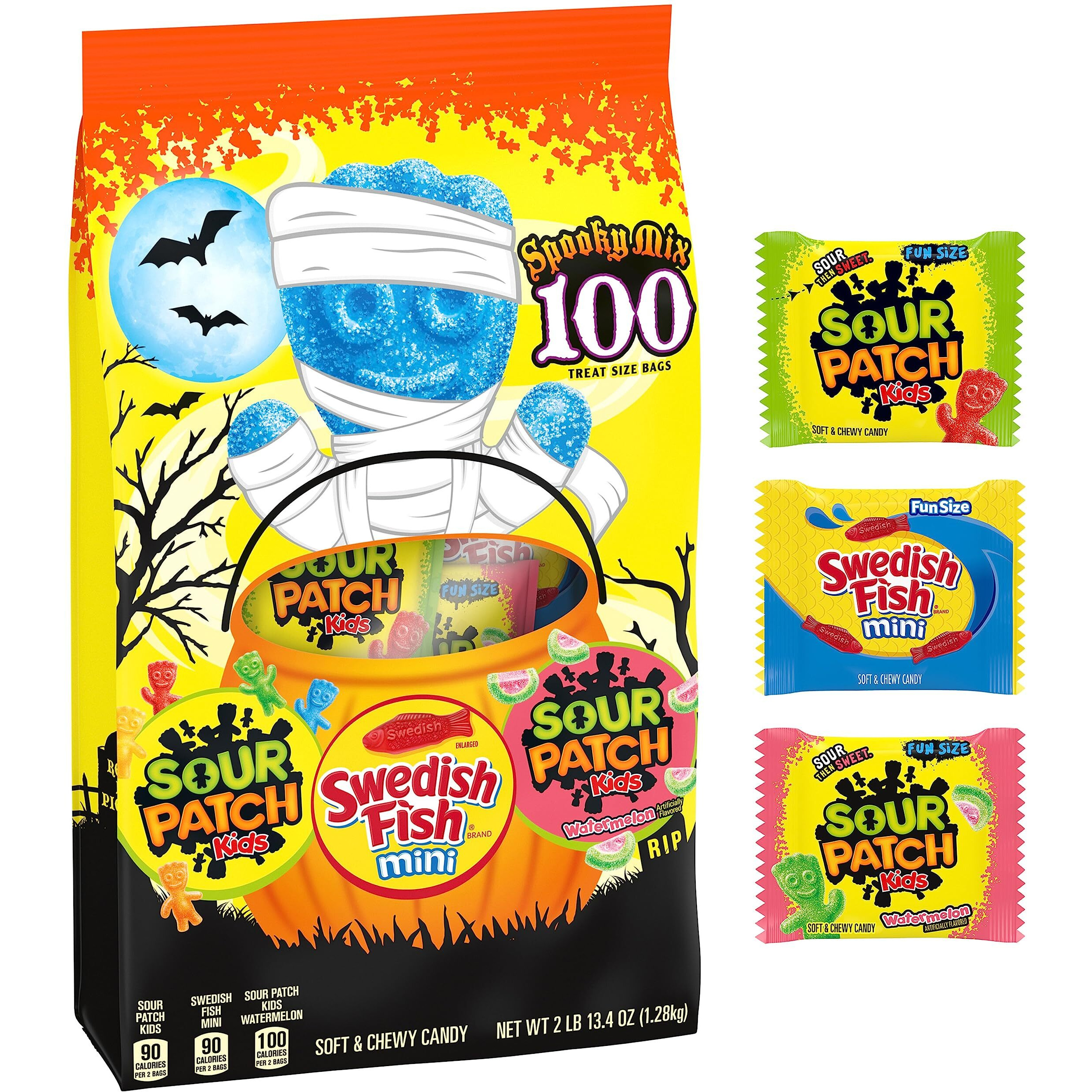 Sour Patch Kids & Swedish Fish Mini Halloween Candy Variety Pack, 100 Trick Or Treat Bags