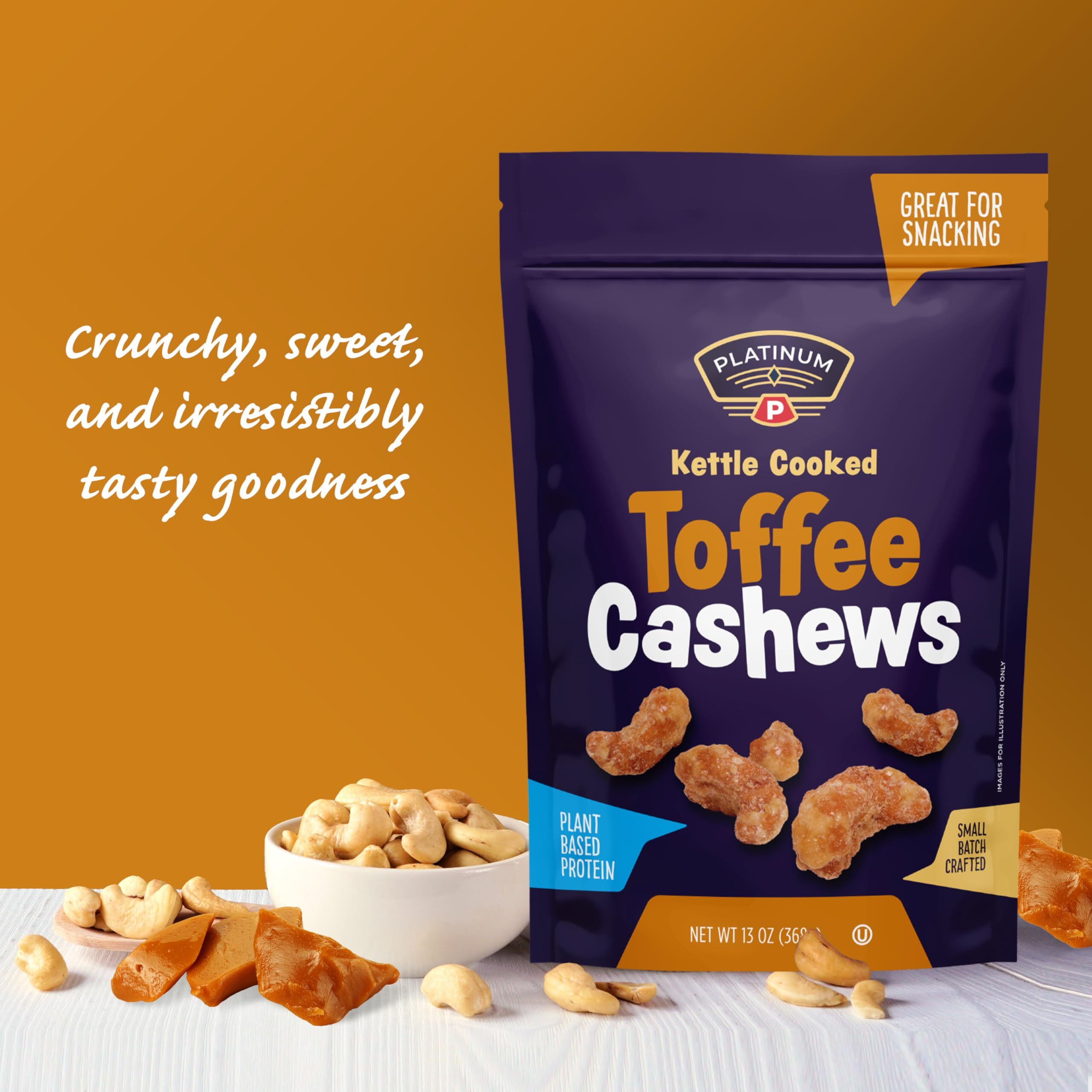 Platinum - Toffee Cashews 13 Oz Resealable Pouch | Flavored Candy Coated Cashew Nuts | Whole Roasted | Individual Snack Packs For Work, School, Party, Holidays Gift, Halloween | Kosher
