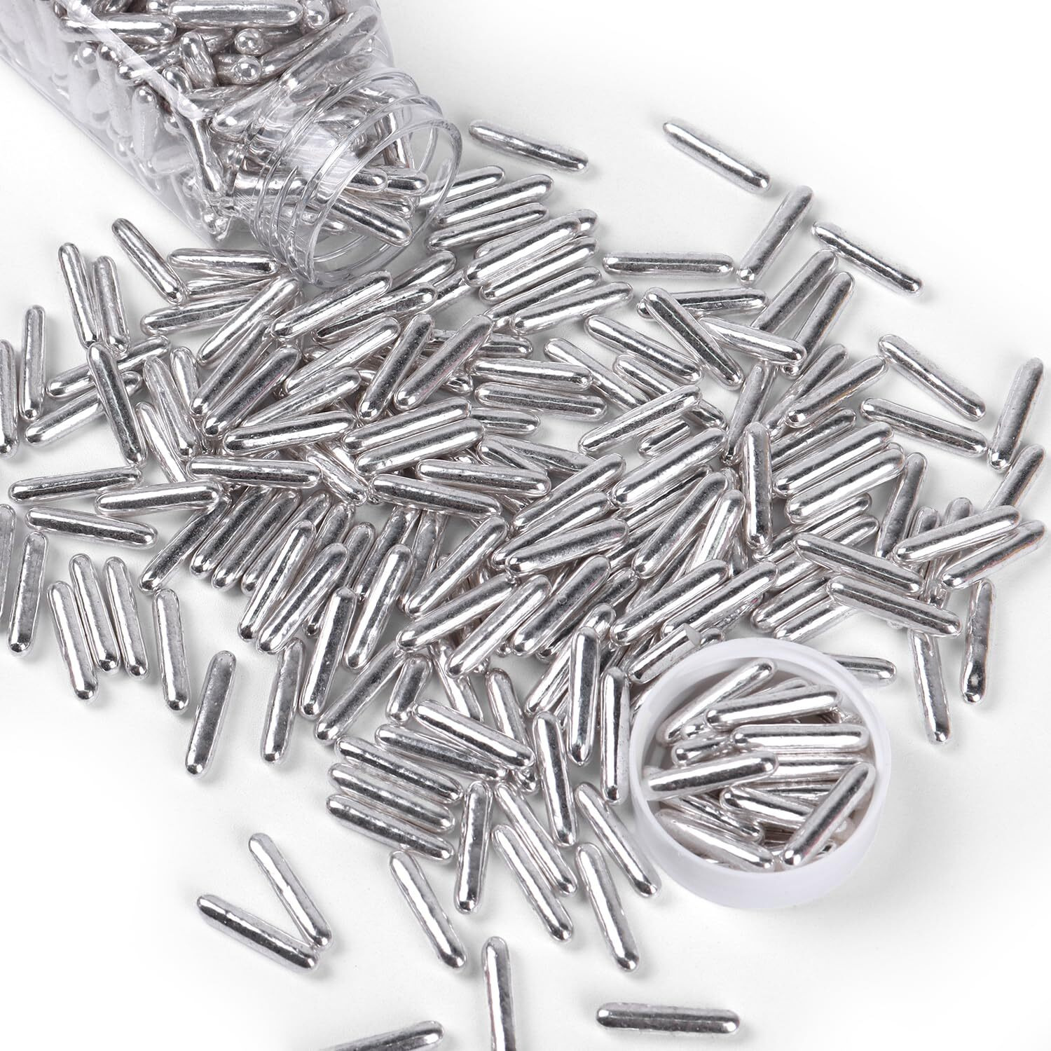 Cobakey Bright Silver Sprinkles For Cake Decorations 100G/ 3.52Oz Rods Metallic Pearl Sugar Sprinkles For Cupcake Toppers Wedding Party Valentines Halloween Christmas Supplies