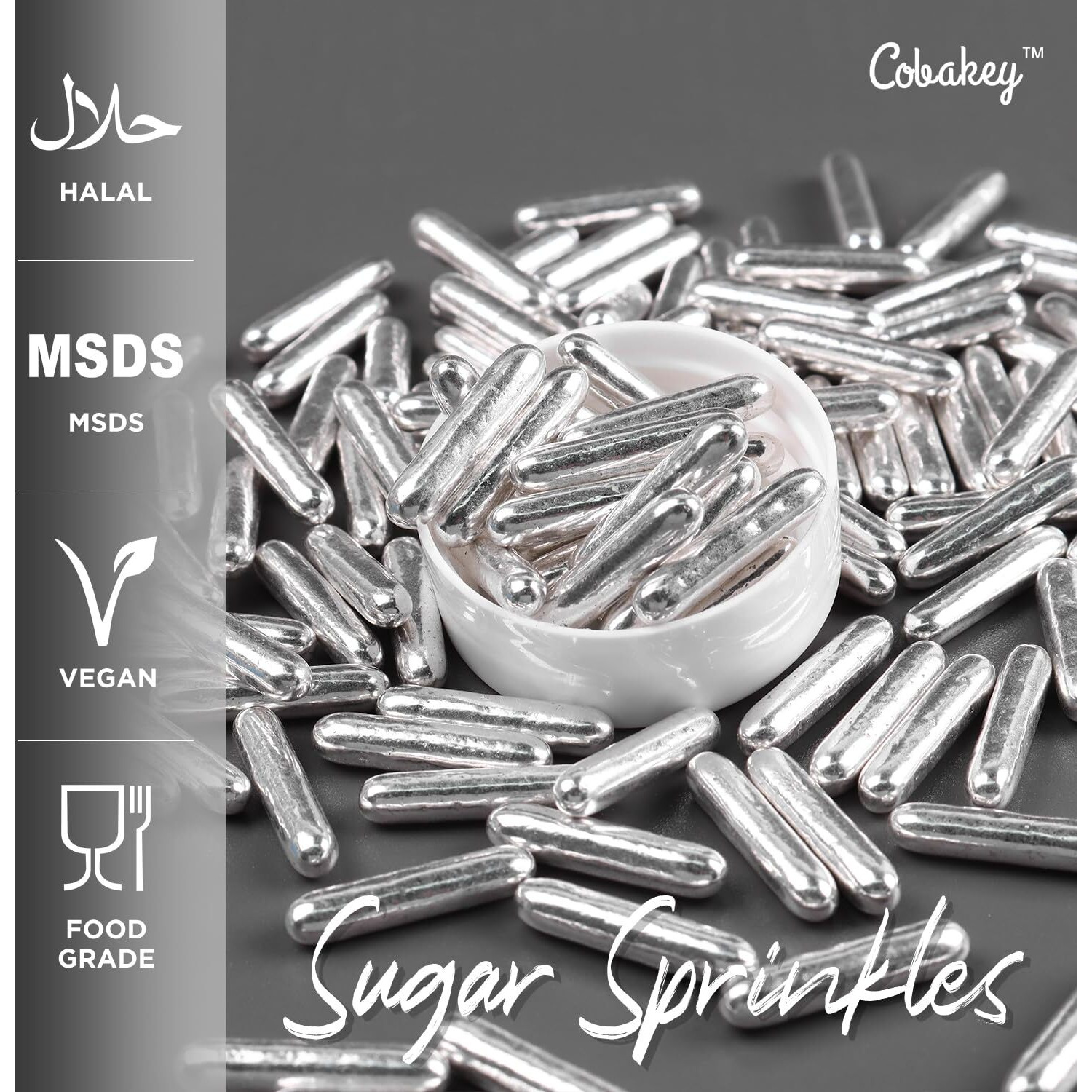 Cobakey Bright Silver Sprinkles For Cake Decorations 100G/ 3.52Oz Rods Metallic Pearl Sugar Sprinkles For Cupcake Toppers Wedding Party Valentines Halloween Christmas Supplies