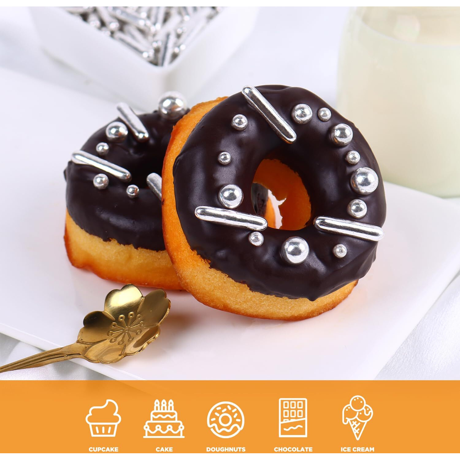 Cobakey Bright Silver Sprinkles For Cake Decorations 100G/ 3.52Oz Rods Metallic Pearl Sugar Sprinkles For Cupcake Toppers Wedding Party Valentines Halloween Christmas Supplies