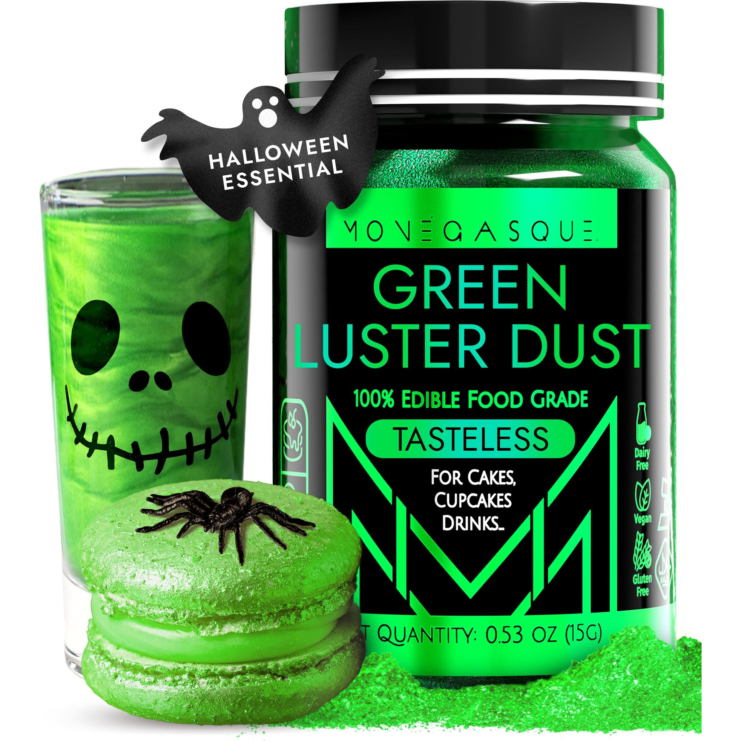 Mon  Gasque Green Luster Dust Edible Glitter For Cocktails 15G - Premium Green Edible Glitter - Halloween Cake Glitter - Edible Glitter For Drinks - Drink Glitter Edible Dust - Edible Glitter For Cakes