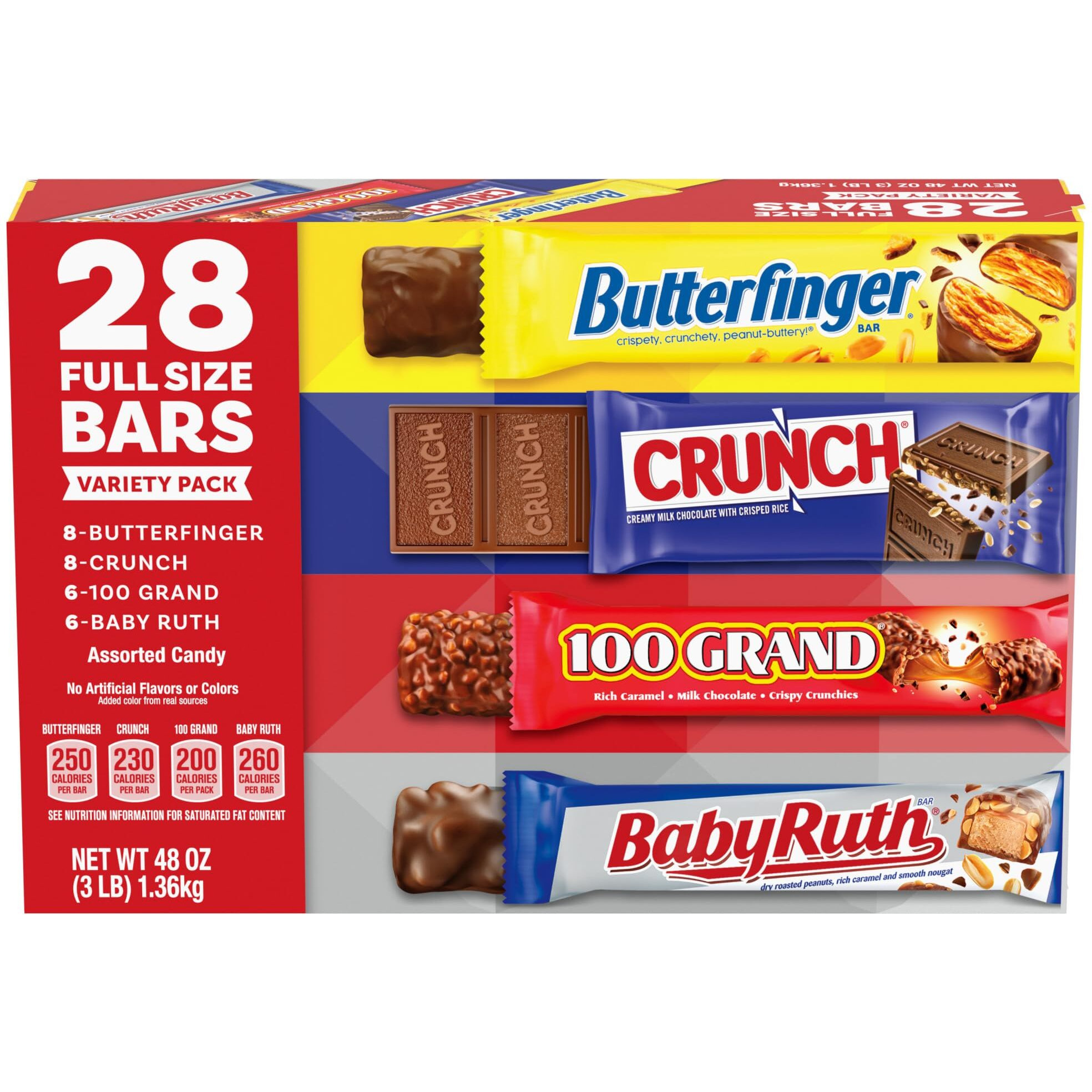 Butterfinger, Crunch, Baby Ruth And 100 Grand, 28 Count, Assorted Full Size Individually Wrapped Candy Bars, Halloween Candy, 48 Oz
