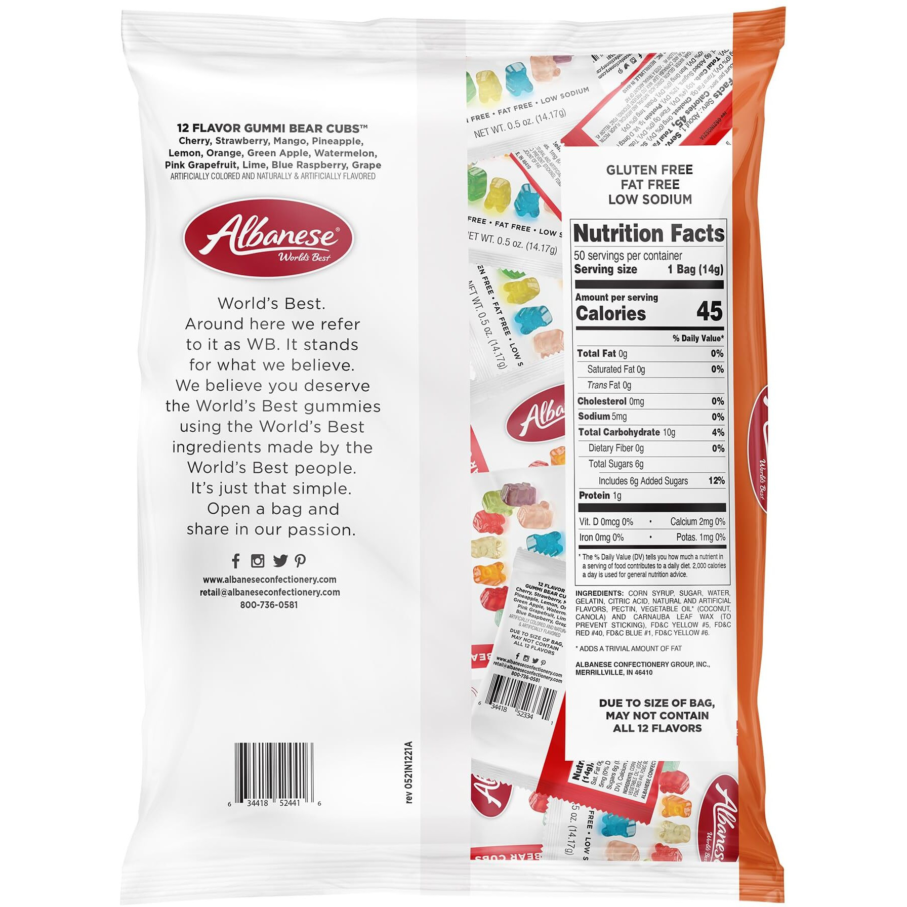 Albanese World's Best, Halloween 12 Flavor Gummi Bear Cubs, 50-0.5Oz Trick Or Treat Bags Of Halloween Candy
