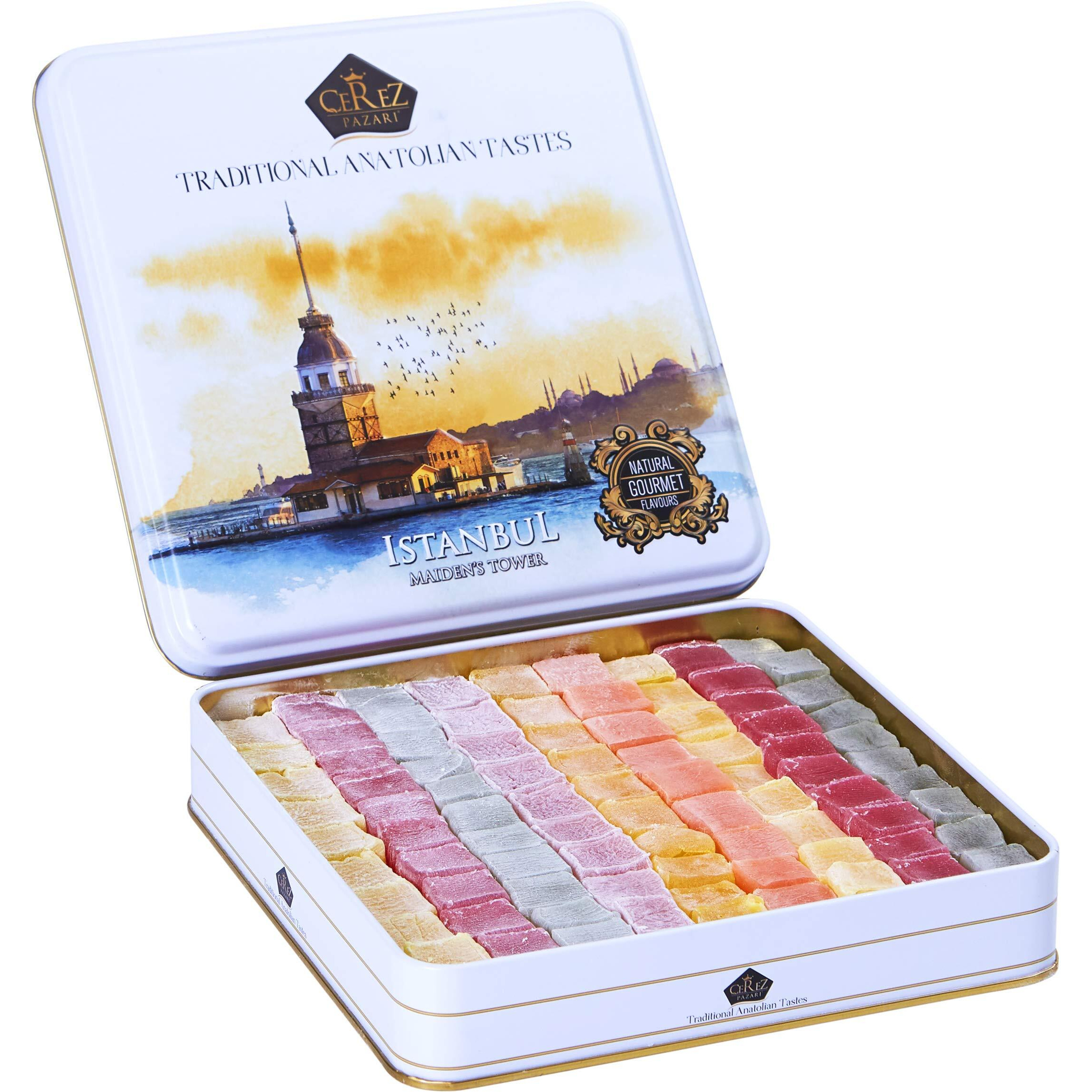 Cerez Pazari Turkish Delight Candy Gift Basket 2 Lbs, Lokum Dessert Gourmet Christmas Holiday Corporate Food Gifts In Elegant Tin Box, Thanksgiving, Halloween, Birthday With 6 Unique Flavors