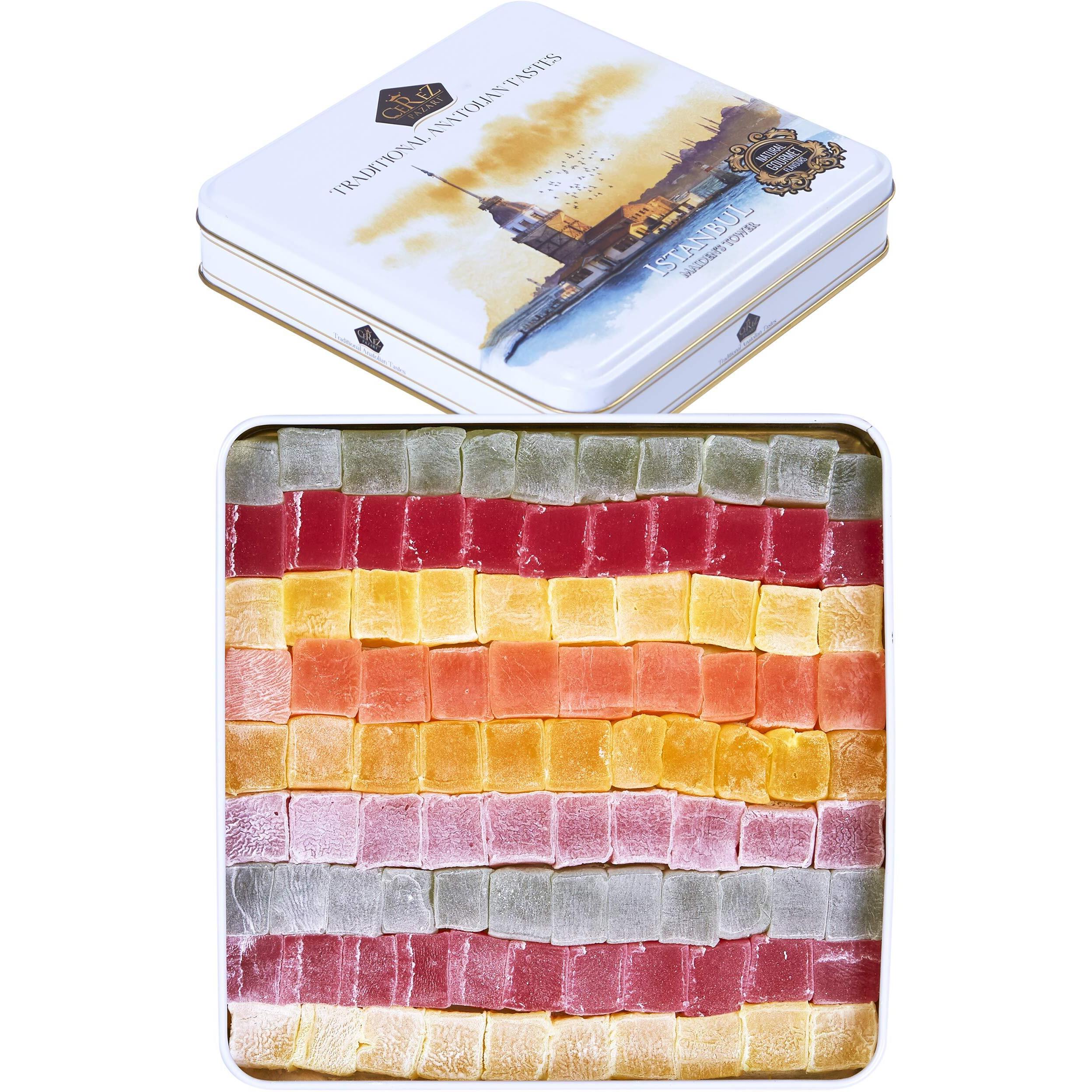 Cerez Pazari Turkish Delight Candy Gift Basket 2 Lbs, Lokum Dessert Gourmet Christmas Holiday Corporate Food Gifts In Elegant Tin Box, Thanksgiving, Halloween, Birthday With 6 Unique Flavors