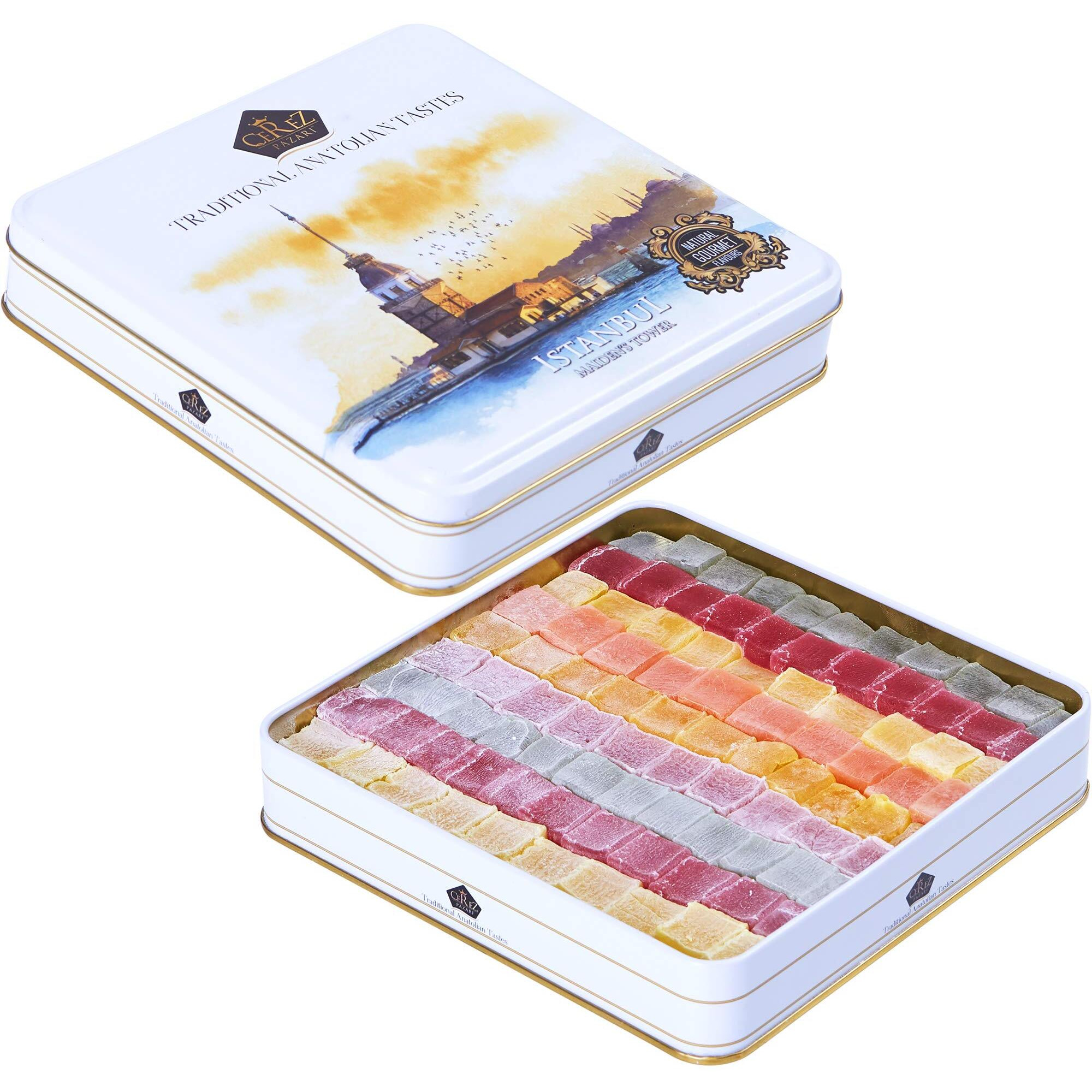 Cerez Pazari Turkish Delight Candy Gift Basket 2 Lbs, Lokum Dessert Gourmet Christmas Holiday Corporate Food Gifts In Elegant Tin Box, Thanksgiving, Halloween, Birthday With 6 Unique Flavors