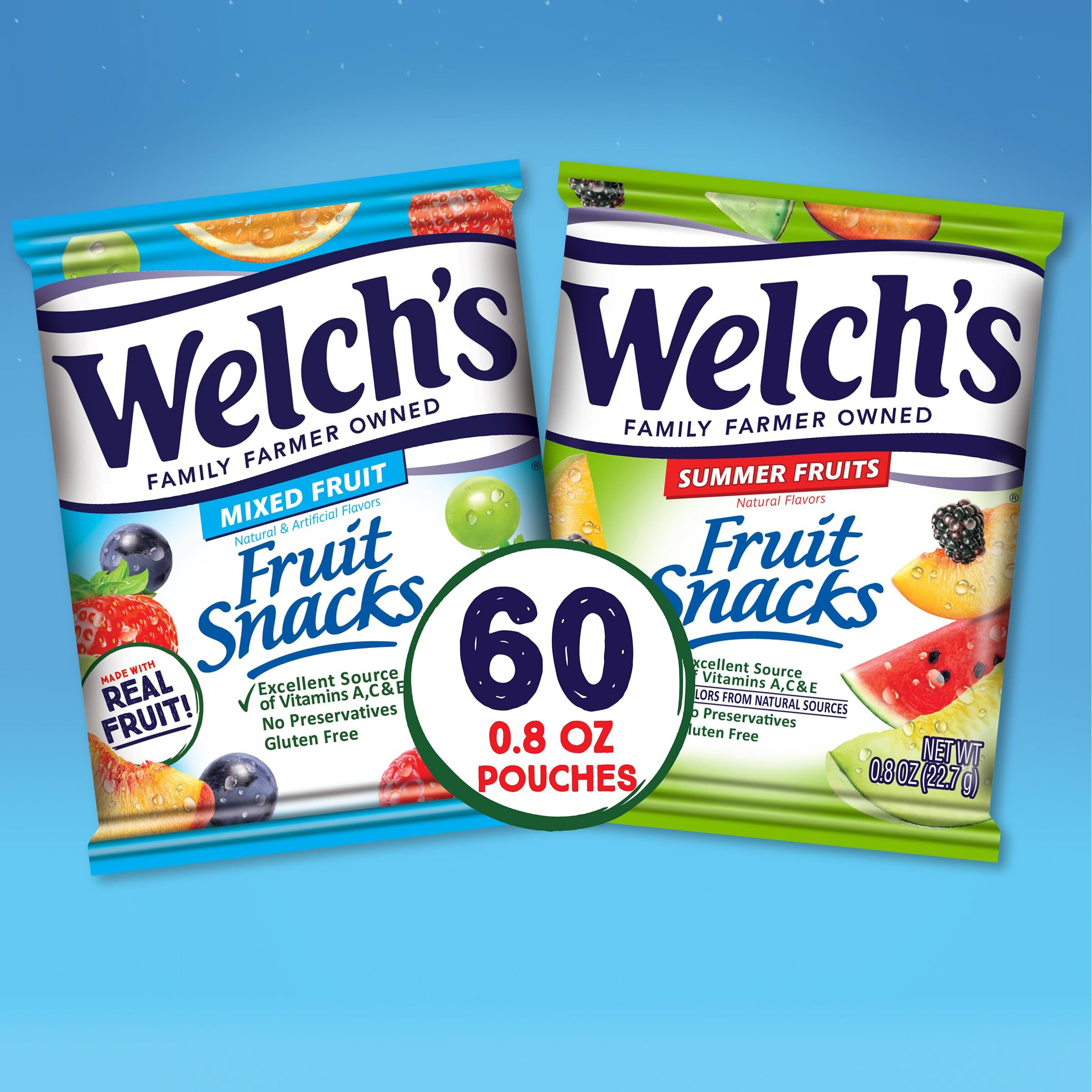 Welch's Fruit Snacks, Mixed Fruit & Summer Fruits Variety Pack, Perfect Halloween Candy Bulk Pack, Gluten Free, 0.8 Oz Individual Single Serve Bags (Pack Of 60)