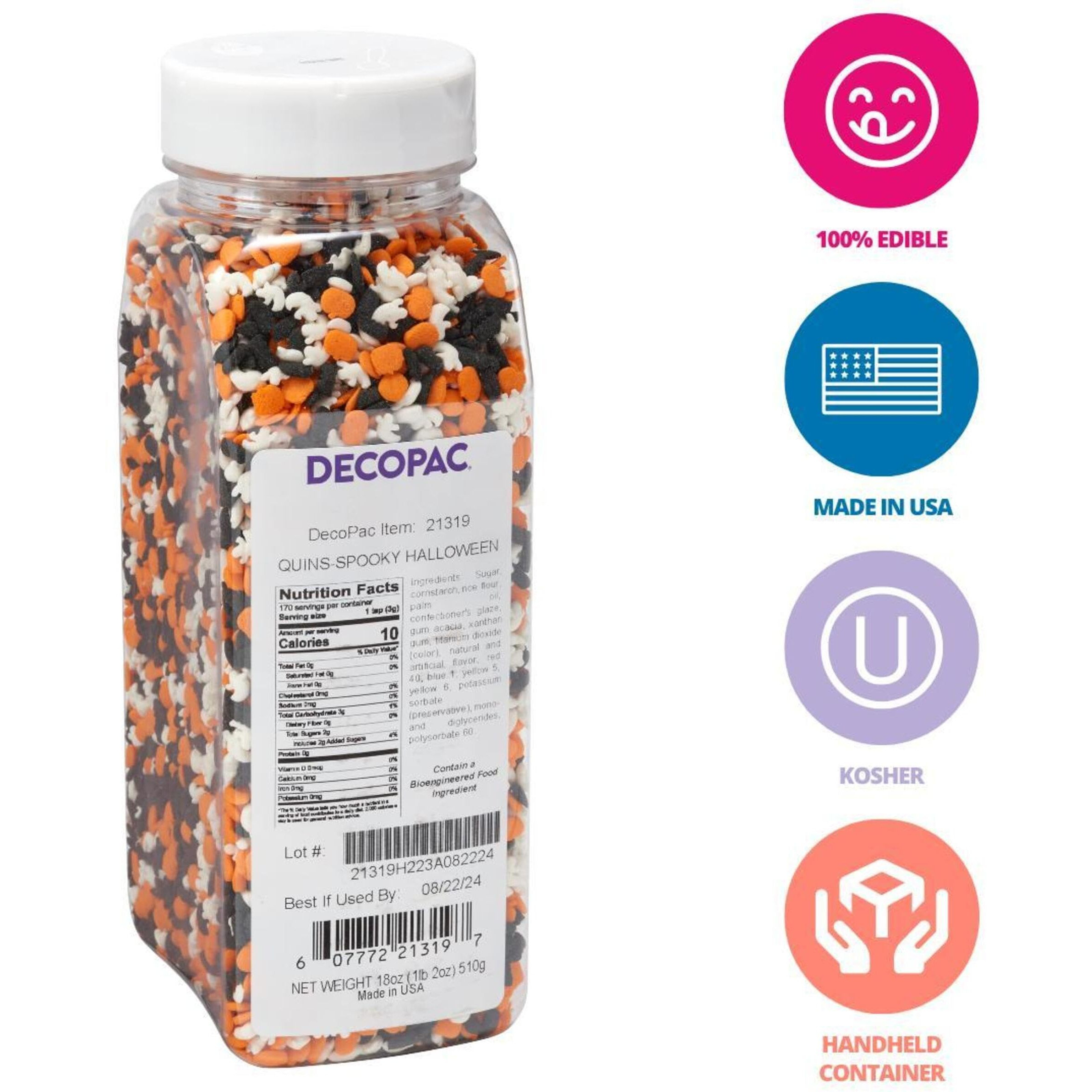 Decopac Spooky Halloween Edible Decorations Sprinkles Quins, Multicolored - Orange, White And Black, 18 Ounces
