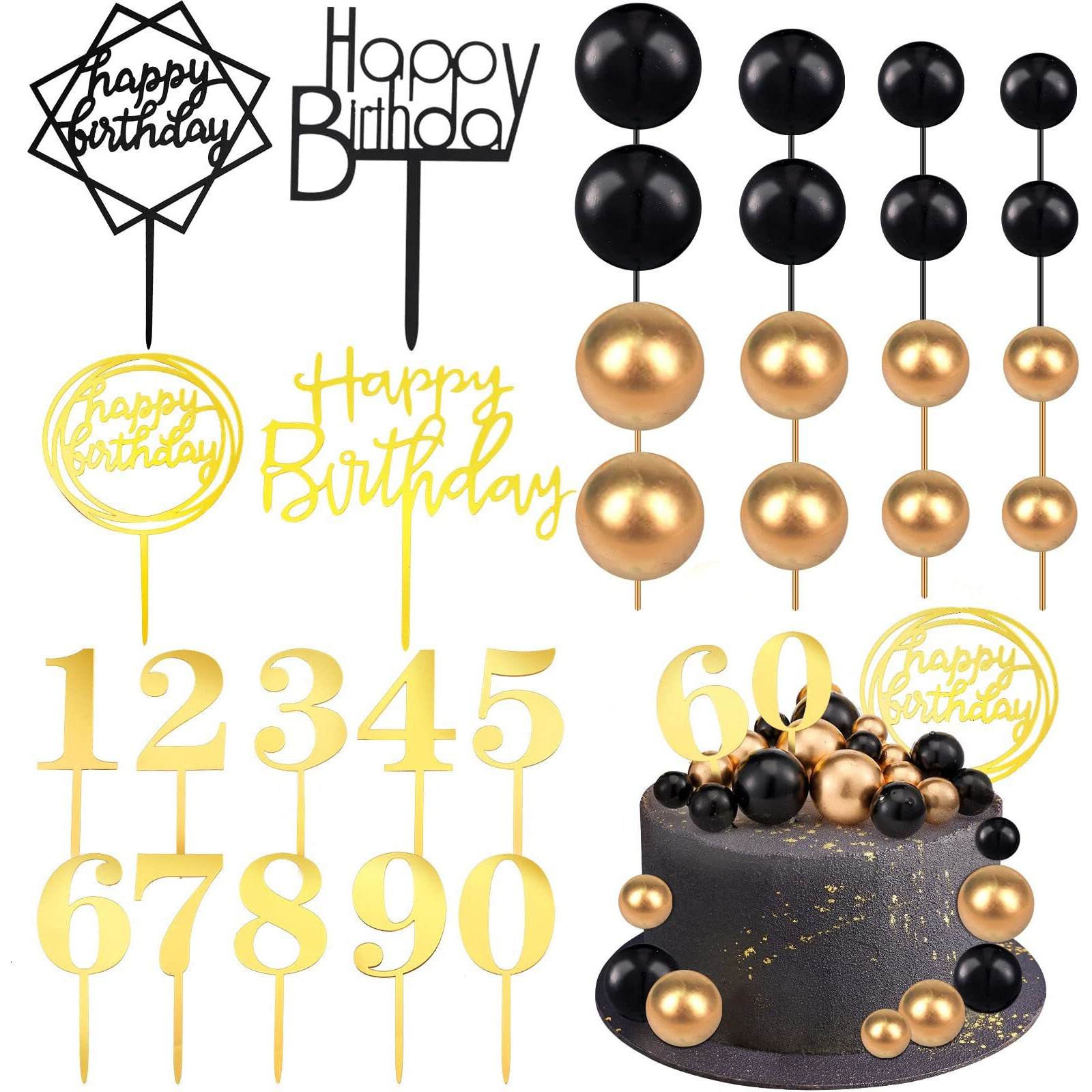 38 Pieces Ball Cake Decorations Set, Acrylic Happy Birthday Cupcake Picks Number 0-9 Toothpicks Ball Shaped Insert Toppers For Holiday Halloween Anniversary Party Favors Supplies (Black Gold)