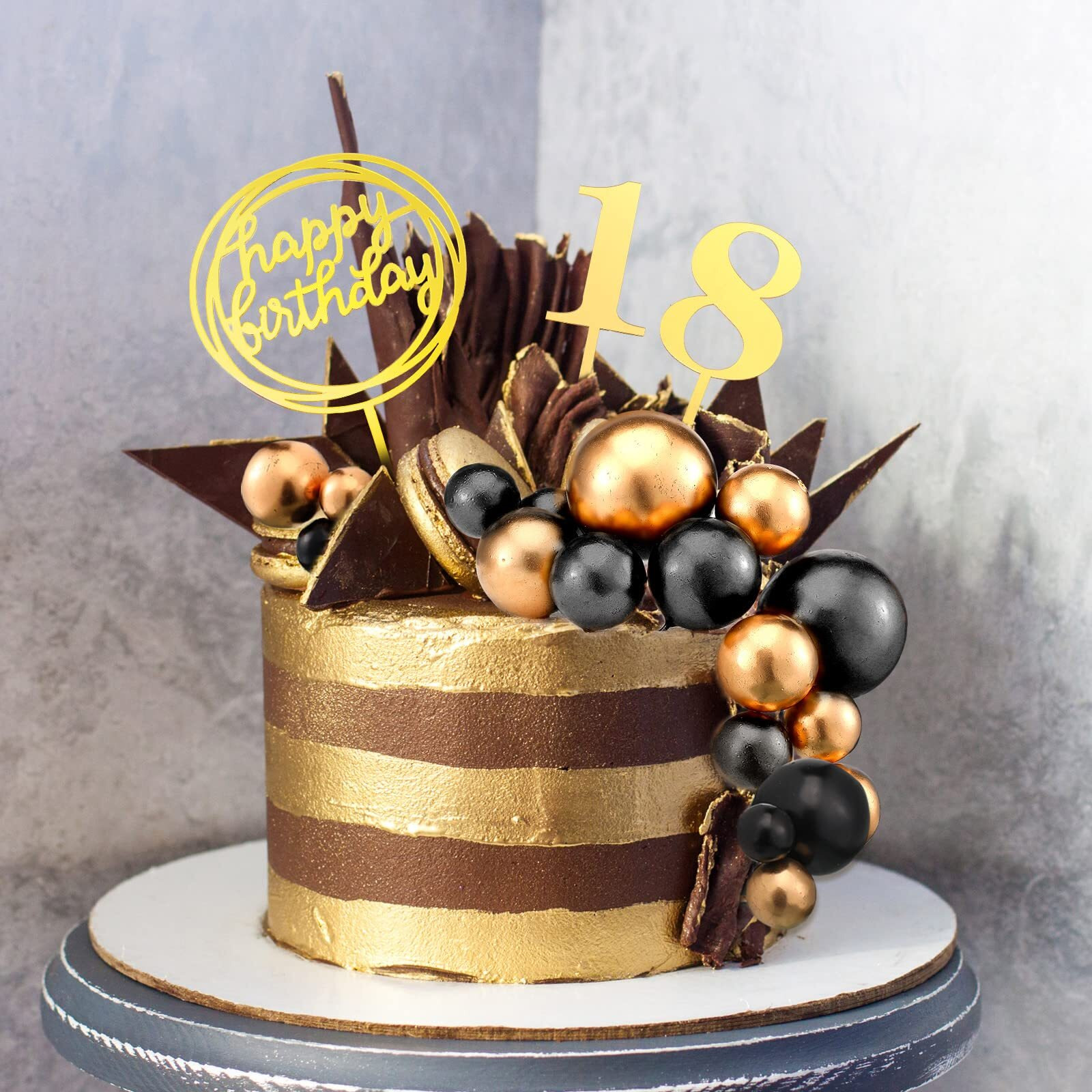 38 Pieces Ball Cake Decorations Set, Acrylic Happy Birthday Cupcake Picks Number 0-9 Toothpicks Ball Shaped Insert Toppers For Holiday Halloween Anniversary Party Favors Supplies (Black Gold)